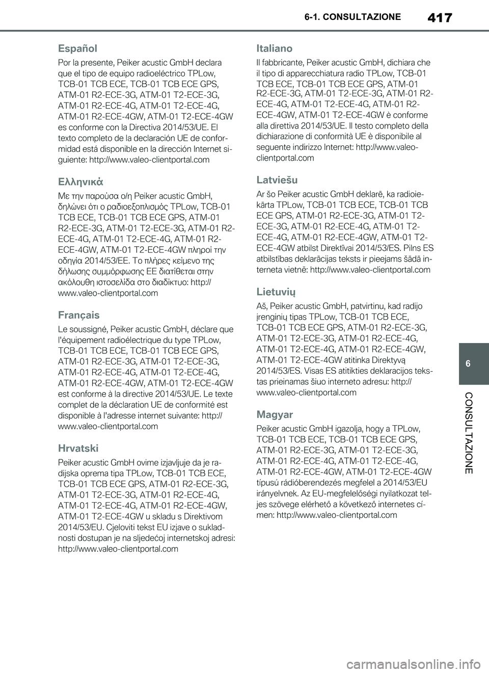 TOYOTA SUPRA 2019  Manuale duso (in Italian) 417
6
Supra Owners Manual_EL
6-1. CONSULTAZIONE
CONSULTAZIONE
Supra_OM_Italian_OM99T09L.book  417 ページ  ２０１９年２月２０日　水曜日　午前１０時５７分 