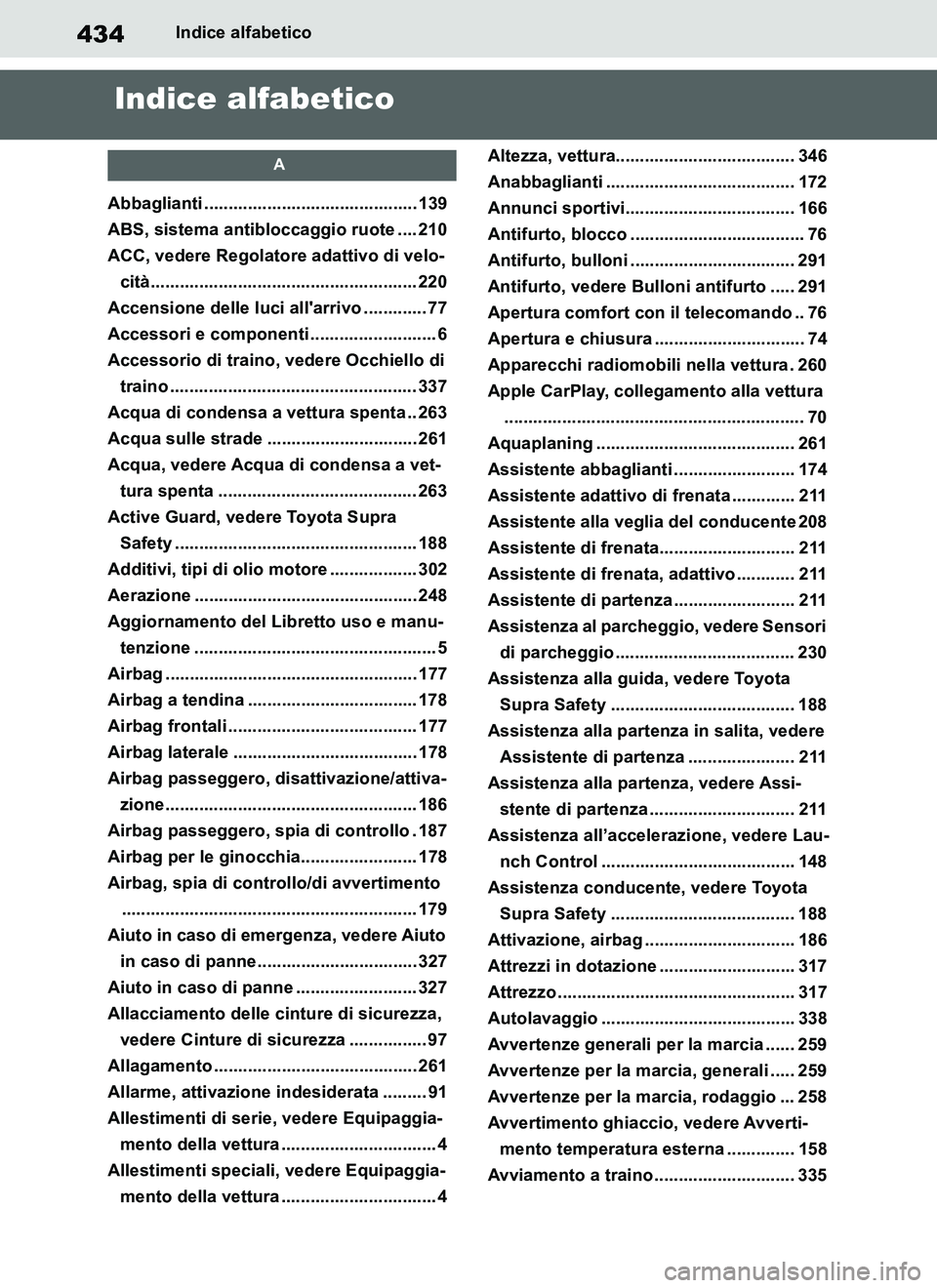 TOYOTA SUPRA 2019 Manuale duso (in Italian) 434
Supra Owners Manual_EL
Indice alfabetico
Indice alfabetico
A
Abbaglianti ............................................ 139
ABS, sistema antibloccaggio ruote .... 210
ACC, vedere Regolatore adattiv TOYOTA SUPRA 2019 Manuale duso (in Italian) 434
Supra Owners Manual_EL
Indice alfabetico
Indice alfabetico
A
Abbaglianti ............................................ 139
ABS, sistema antibloccaggio ruote .... 210
ACC, vedere Regolatore adattiv