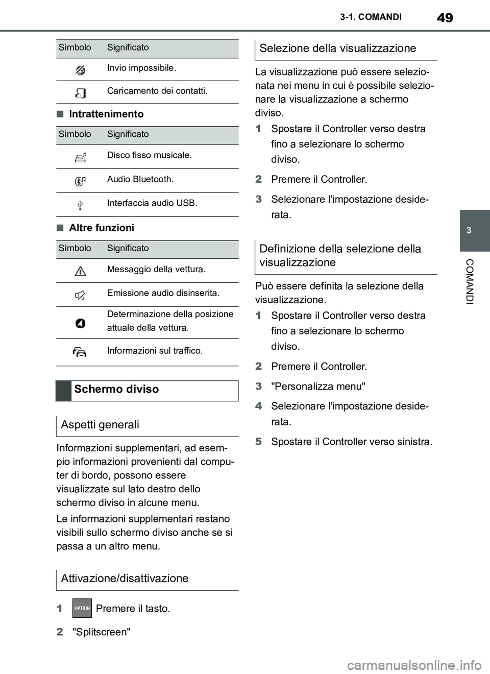 TOYOTA SUPRA 2019 Manuale duso (in Italian) 49
3
Supra Owners Manual_EL
3-1. COMANDI
COMANDI
■Intrattenimento
■Altre funzioni
Informazioni supplementari, ad esem-
pio informazioni provenienti dal compu-
ter di bordo, possono essere
visual TOYOTA SUPRA 2019 Manuale duso (in Italian) 49
3
Supra Owners Manual_EL
3-1. COMANDI
COMANDI
■Intrattenimento
■Altre funzioni
Informazioni supplementari, ad esem-
pio informazioni provenienti dal compu-
ter di bordo, possono essere
visual