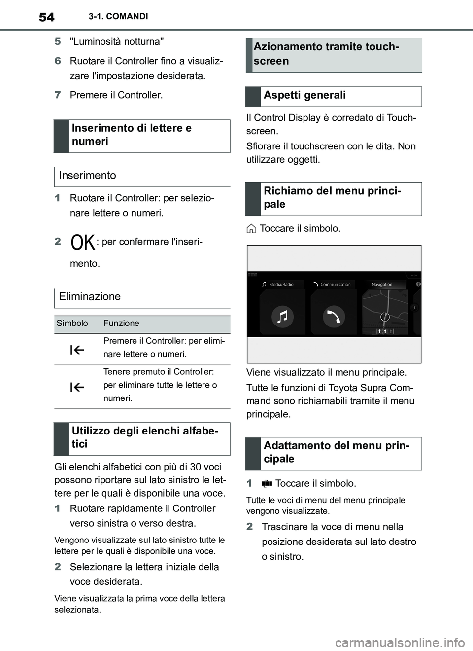 TOYOTA SUPRA 2019 Manuale duso (in Italian) 54
Supra Owners Manual_EL
3-1. COMANDI
5"Luminosità notturna"
6Ruotare il Controller fino a visualiz-
zare limpostazione desiderata.
7Premere il Controller.
1Ruotare il Controller: per selezio-
nar TOYOTA SUPRA 2019 Manuale duso (in Italian) 54
Supra Owners Manual_EL
3-1. COMANDI
5"Luminosità notturna"
6Ruotare il Controller fino a visualiz-
zare limpostazione desiderata.
7Premere il Controller.
1Ruotare il Controller: per selezio-
nar