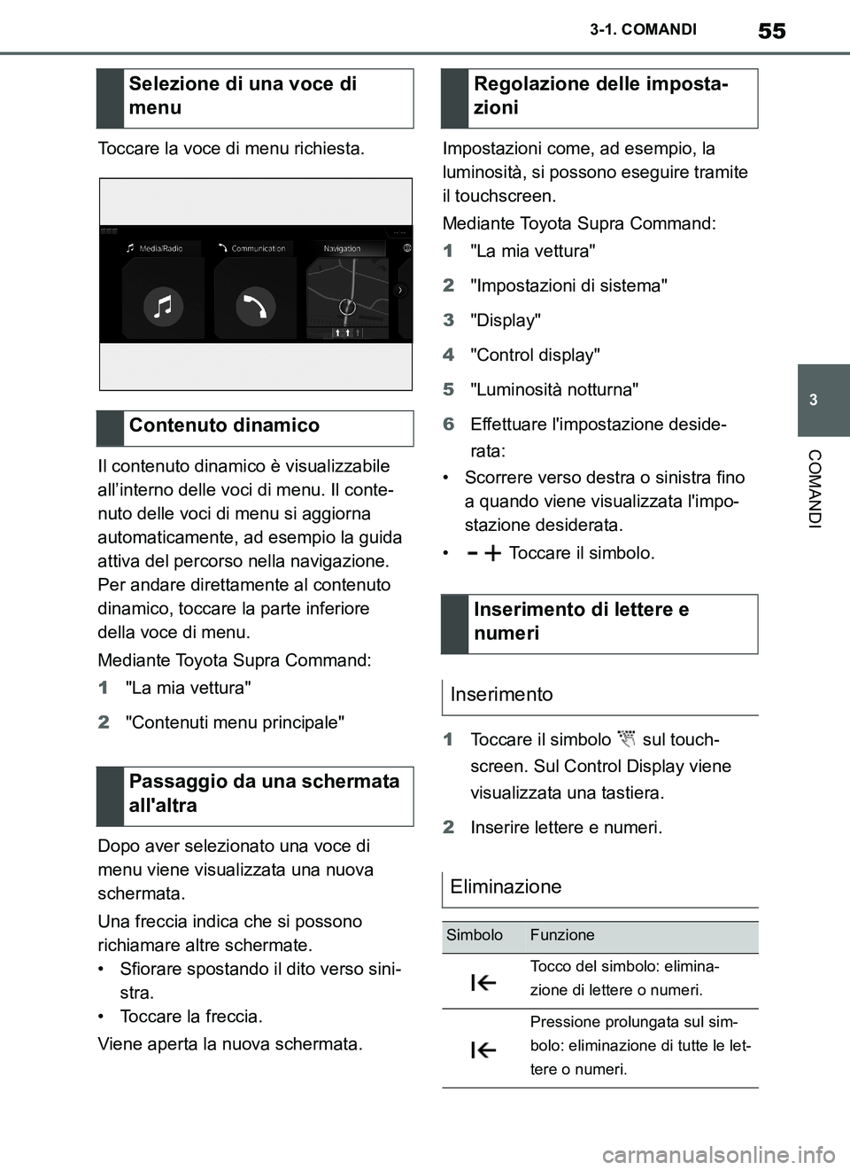 TOYOTA SUPRA 2019 Manuale duso (in Italian) 55
3
Supra Owners Manual_EL
3-1. COMANDI
COMANDI
Toccare la voce di menu richiesta.
Il contenuto dinamico è visualizzabile
all’interno delle voci di menu. Il conte-
nuto delle voci di menu si agg TOYOTA SUPRA 2019 Manuale duso (in Italian) 55
3
Supra Owners Manual_EL
3-1. COMANDI
COMANDI
Toccare la voce di menu richiesta.
Il contenuto dinamico è visualizzabile
all’interno delle voci di menu. Il conte-
nuto delle voci di menu si agg