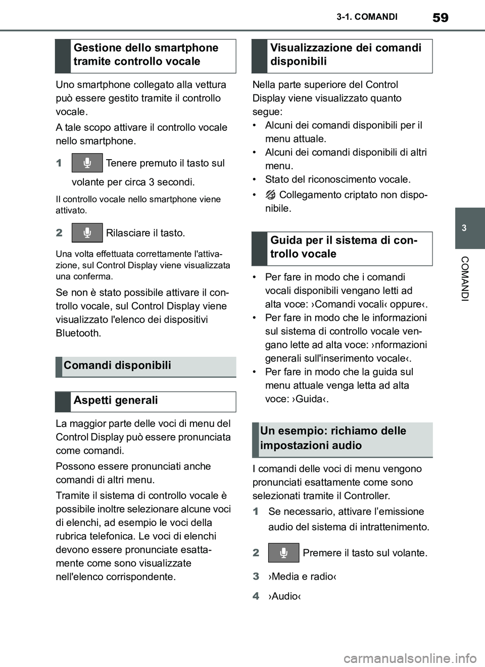 TOYOTA SUPRA 2019 Manuale duso (in Italian) 59
3
Supra Owners Manual_EL
3-1. COMANDI
COMANDI
Uno smartphone collegato alla vettura
può essere gestito tramite il controllo
vocale.
A tale scopo attivare il controllo vocale
nello smartphone.
TOYOTA SUPRA 2019 Manuale duso (in Italian) 59
3
Supra Owners Manual_EL
3-1. COMANDI
COMANDI
Uno smartphone collegato alla vettura
può essere gestito tramite il controllo
vocale.
A tale scopo attivare il controllo vocale
nello smartphone.