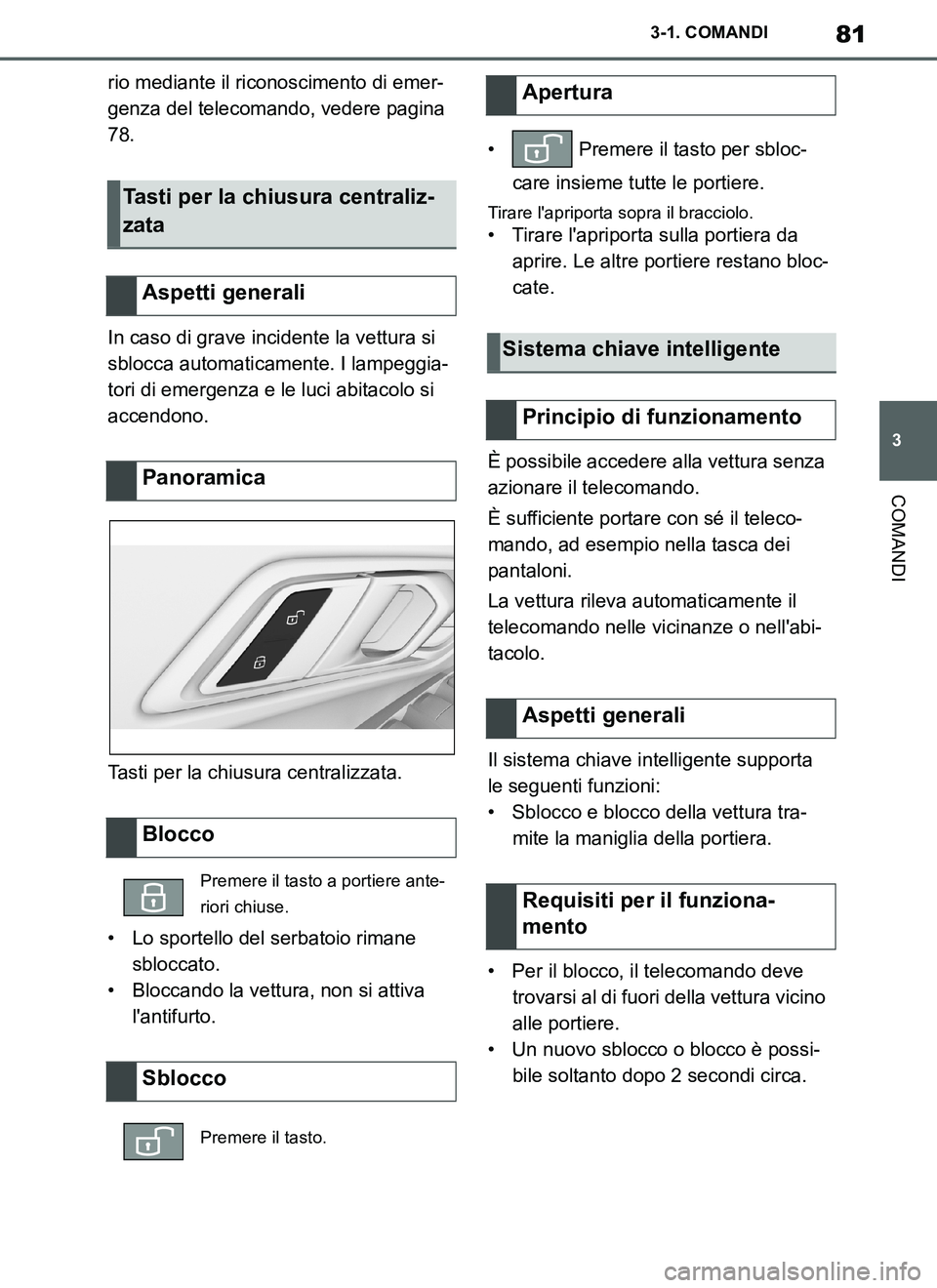 TOYOTA SUPRA 2019 Manuale duso (in Italian) 81
3
Supra Owners Manual_EL
3-1. COMANDI
COMANDI
rio mediante il riconoscimento di emer-
genza del telecomando, vedere pagina
78.
In caso di grave incidente la vettura si
sblocca automaticamente. I TOYOTA SUPRA 2019 Manuale duso (in Italian) 81
3
Supra Owners Manual_EL
3-1. COMANDI
COMANDI
rio mediante il riconoscimento di emer-
genza del telecomando, vedere pagina
78.
In caso di grave incidente la vettura si
sblocca automaticamente. I