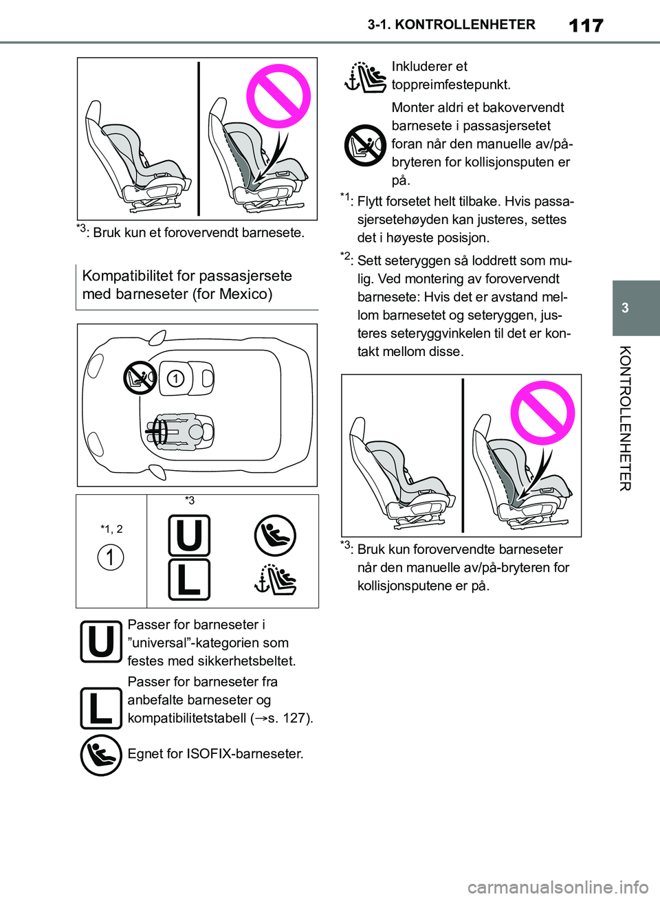 TOYOTA SUPRA 2019  Instruksjoner for bruk (in Norwegian) 117
3
Brukerhåndbok for Supra 3-1. KONTROLLENHETER
KONTROLLENHETER
*3: Bruk kun et forovervendt barnesete.
*1: Flytt forsetet helt tilbake. Hvis passa-
sjersetehøyden kan justeres, settes 
det i hø