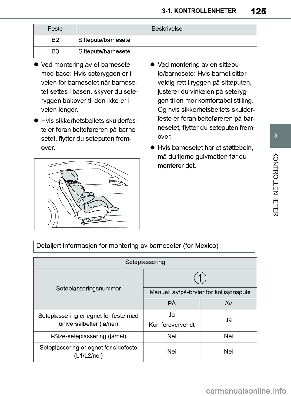 TOYOTA SUPRA 2019 Instruksjoner for bruk (in Norwegian) 125
3
Brukerhåndbok for Supra 3-1. KONTROLLENHETER
KONTROLLENHETER
Ved montering av et barnesete
med base: Hvis seteryggen er i
veien for barnesetet når barnese-
tet settes i basen, skyver du TOYOTA SUPRA 2019 Instruksjoner for bruk (in Norwegian) 125
3
Brukerhåndbok for Supra 3-1. KONTROLLENHETER
KONTROLLENHETER
Ved montering av et barnesete
med base: Hvis seteryggen er i
veien for barnesetet når barnese-
tet settes i basen, skyver du
