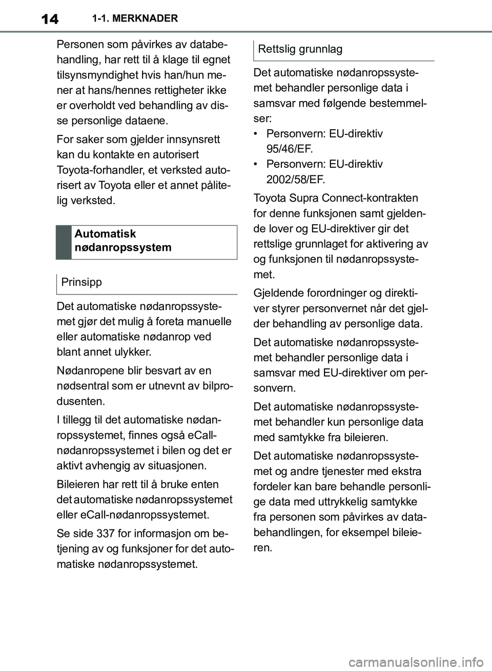TOYOTA SUPRA 2019  Instruksjoner for bruk (in Norwegian) 14
Brukerhåndbok for Supra1-1. MERKNADER
Personen som påvirkes av databe-
handling, har rett til å klage til egnet 
tilsynsmyndighet hvis han/hun me-
ner at hans/hennes rettigheter ikke 
er overhol