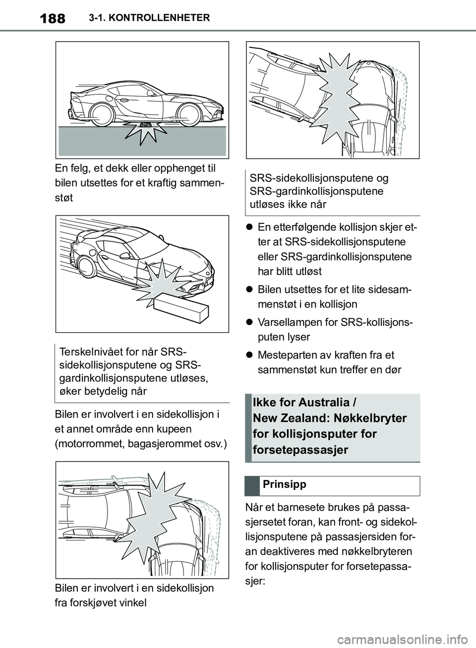 TOYOTA SUPRA 2019 Instruksjoner for bruk (in Norwegian) 188
Brukerhåndbok for Supra3-1. KONTROLLENHETER
En felg, et dekk eller opphenget til
bilen utsettes for et kraftig sammen-
støt
Bilen er involvert i en sidekollisjon i
et annet område enn kupeen TOYOTA SUPRA 2019 Instruksjoner for bruk (in Norwegian) 188
Brukerhåndbok for Supra3-1. KONTROLLENHETER
En felg, et dekk eller opphenget til
bilen utsettes for et kraftig sammen-
støt
Bilen er involvert i en sidekollisjon i
et annet område enn kupeen