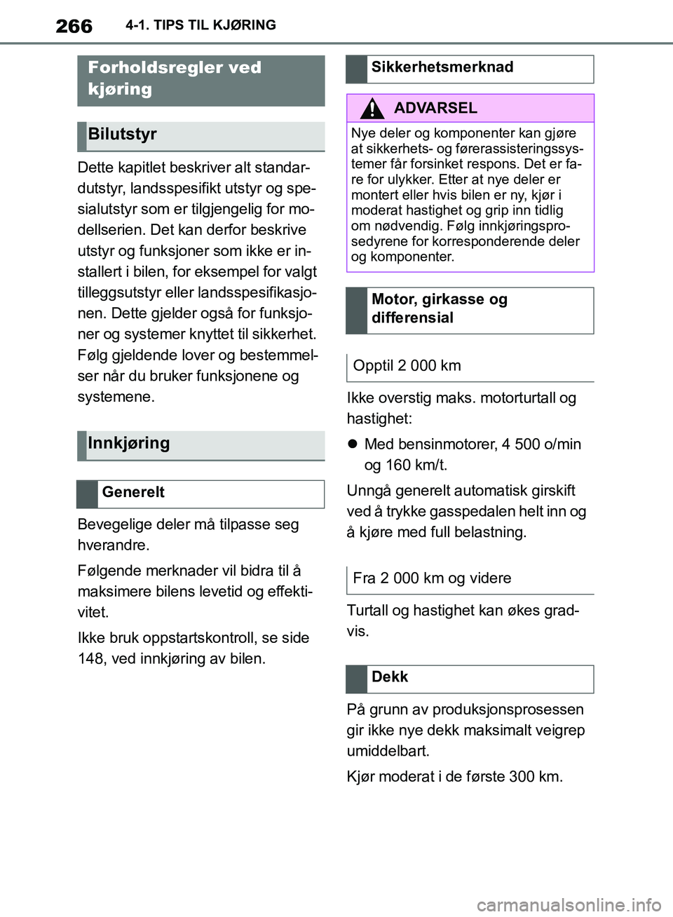 TOYOTA SUPRA 2019 Instruksjoner for bruk (in Norwegian) 266
Brukerhåndbok for Supra4-1. TIPS TIL KJØRING
4-1.TIPS TIL KJØRING
Dette kapitlet beskriver alt standar-
dutstyr, landsspesifikt utstyr og spe-
sialutstyr som er tilgjengelig for mo-
dellserien. TOYOTA SUPRA 2019 Instruksjoner for bruk (in Norwegian) 266
Brukerhåndbok for Supra4-1. TIPS TIL KJØRING
4-1.TIPS TIL KJØRING
Dette kapitlet beskriver alt standar-
dutstyr, landsspesifikt utstyr og spe-
sialutstyr som er tilgjengelig for mo-
dellserien.