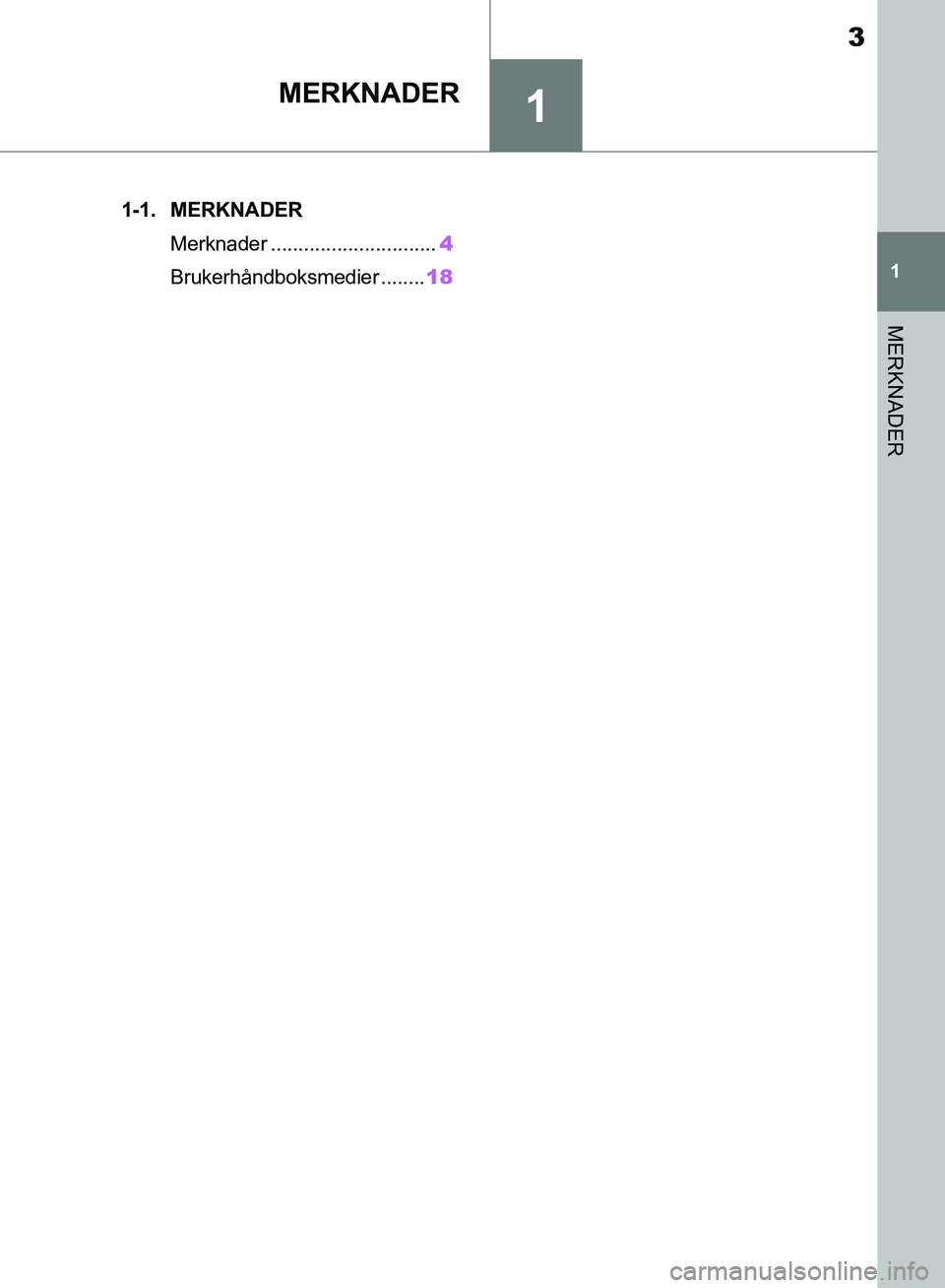 TOYOTA SUPRA 2019  Instruksjoner for bruk (in Norwegian) 1
3
Brukerhåndbok for Supra
1
MERKNADER
MERKNADER
.1-1. MERKNADERMerknader .............................. 4
Brukerhåndboksmedier ........ 18
OM99T05NO.book  Page 3  Thursday, May 2, 2019  12:39 PM 