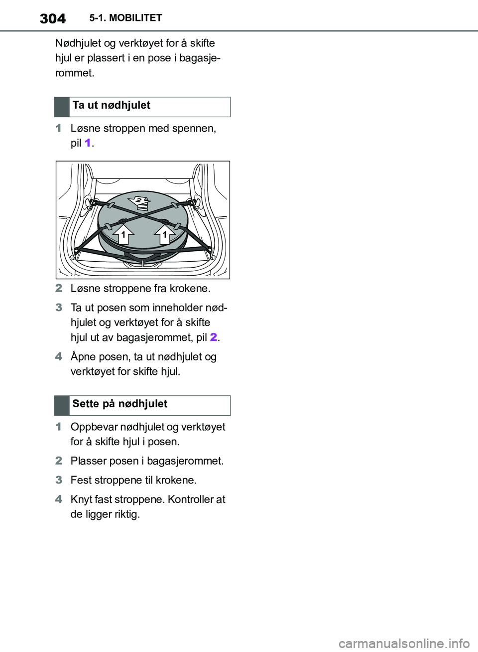 TOYOTA SUPRA 2019  Instruksjoner for bruk (in Norwegian) 304
Brukerhåndbok for Supra5-1. MOBILITET
Nødhjulet og verktøyet for å skifte 
hjul er plassert i en pose i bagasje-
rommet.
1
Løsne stroppen med spennen, 
pil 1.
2 Løsne stroppene fra krokene.
