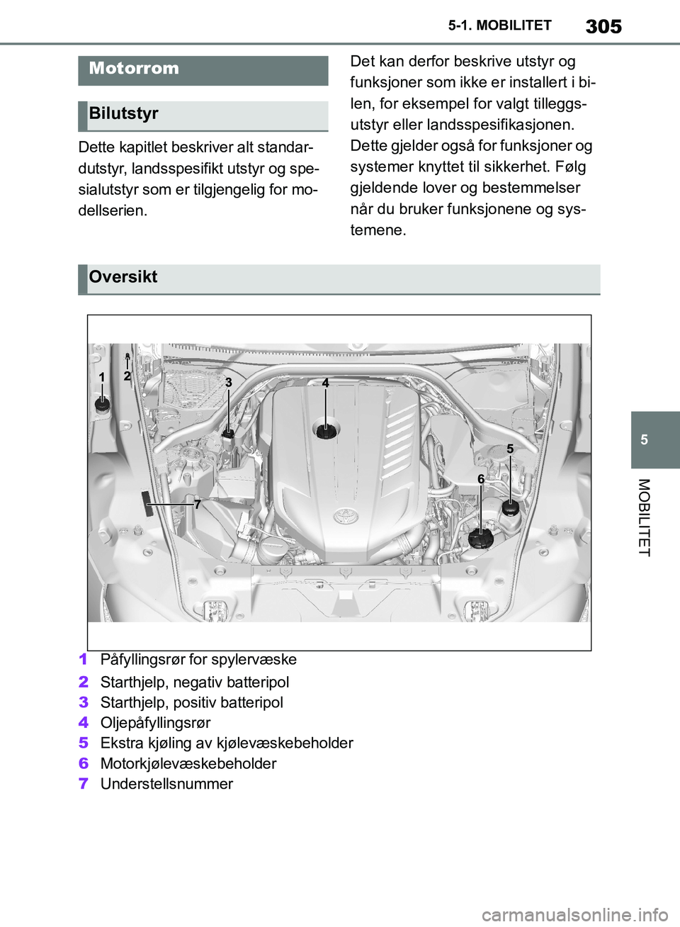 TOYOTA SUPRA 2019  Instruksjoner for bruk (in Norwegian) 305
5
Brukerhåndbok for Supra 5-1. MOBILITET
MOBILITET
Dette kapitlet beskriver alt standar-
dutstyr, landsspesifikt utstyr og spe-
sialutstyr som er tilgjengelig for mo-
dellserien. 
Det kan derfor 