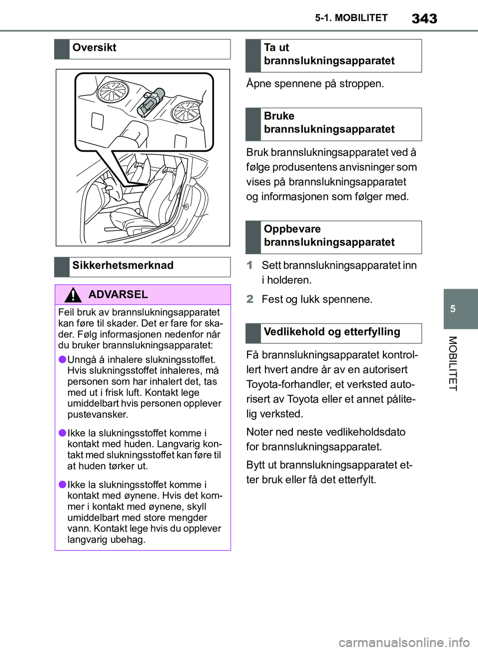 TOYOTA SUPRA 2019  Instruksjoner for bruk (in Norwegian) 343
5
Brukerhåndbok for Supra 5-1. MOBILITET
MOBILITET
Åpne spennene på stroppen.
Bruk brannslukningsapparatet ved å 
følge produsentens anvisninger som 
vises på brannslukningsapparatet 
og inf