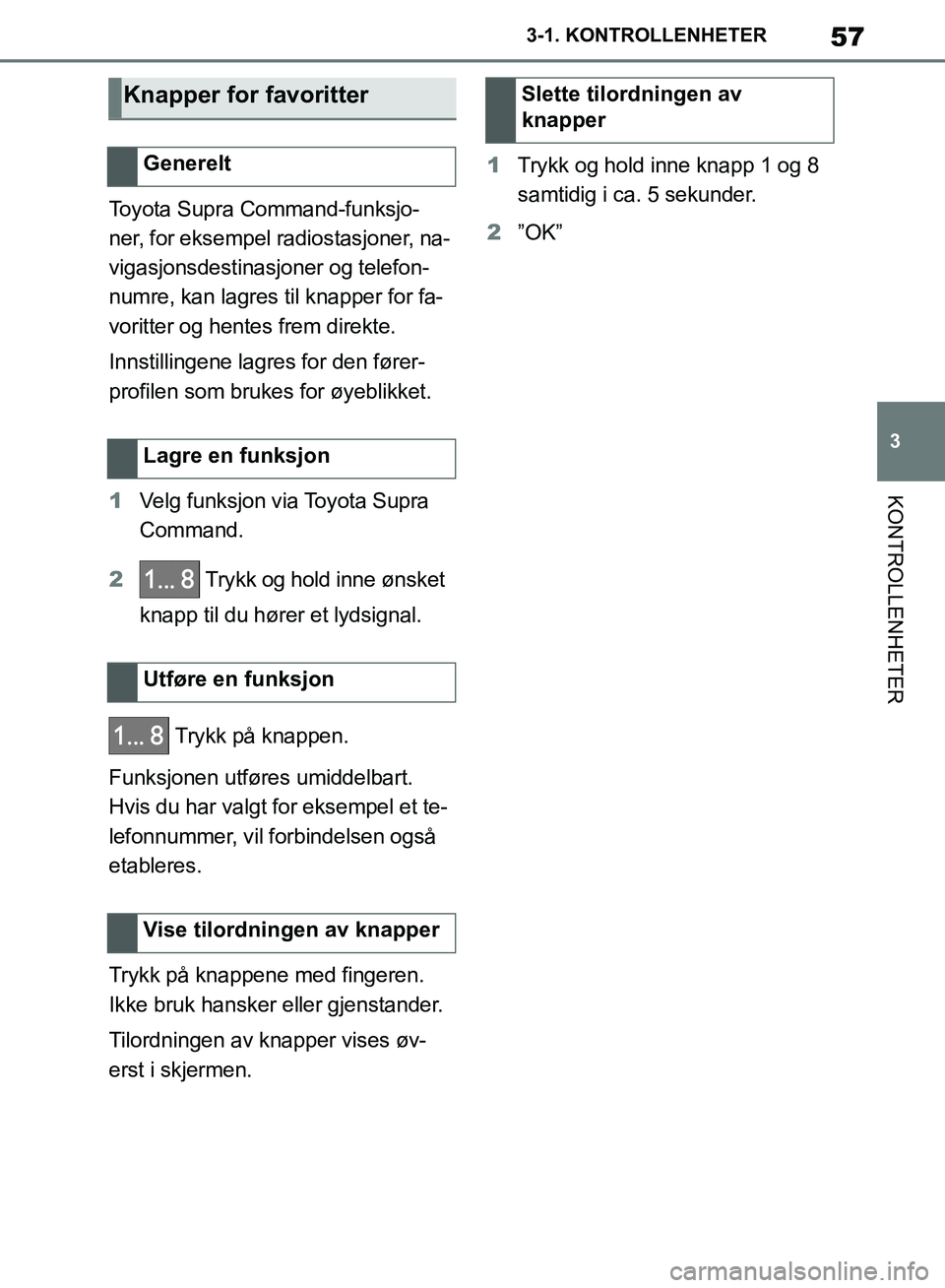 TOYOTA SUPRA 2019  Instruksjoner for bruk (in Norwegian) 57
3
Brukerhåndbok for Supra 3-1. KONTROLLENHETER
KONTROLLENHETER
Toyota Supra Command-funksjo-
ner, for eksempel radiostasjoner, na-
vigasjonsdestinasjoner og telefon-
numre, kan lagres til knapper 