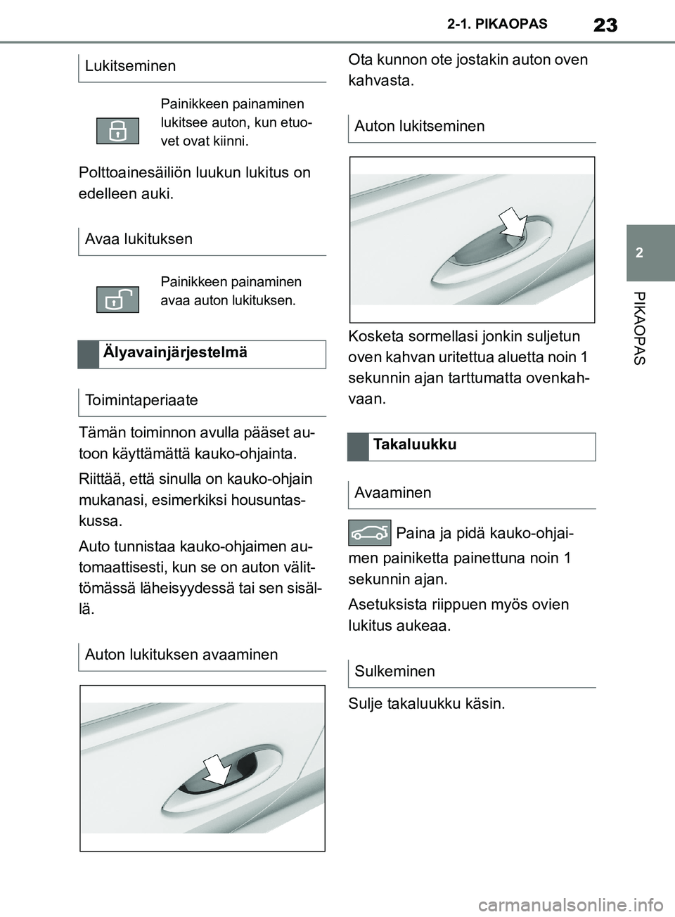 TOYOTA SUPRA 2019  Omistajan Käsikirja (in Finnish) 23
2
Supran omistajan käsikirja 2-1. PIKAOPAS
PIKAOPAS
Polttoainesäiliön luukun lukitus on 
edelleen auki.
Tämän toiminnon avulla pääset au-
toon käyttämättä kauko-ohjainta.
Riittää, ett