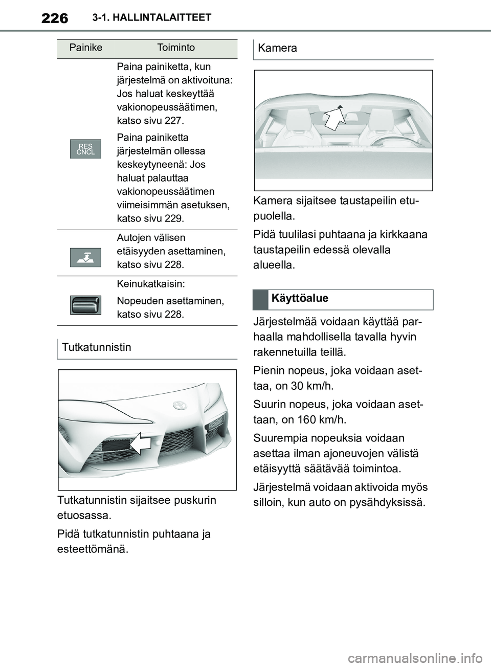 TOYOTA SUPRA 2019 Omistajan Käsikirja (in Finnish) 226
Supran omistajan käsikirja3-1. HALLINTALAITTEET
Tutkatunnistin sijaitsee puskurin
etuosassa.
Pidä tutkatunnistin puhtaana ja
esteettömänä.
Kamera sijaitsee
taustapeilin etu-
puolella.
Pid TOYOTA SUPRA 2019 Omistajan Käsikirja (in Finnish) 226
Supran omistajan käsikirja3-1. HALLINTALAITTEET
Tutkatunnistin sijaitsee puskurin
etuosassa.
Pidä tutkatunnistin puhtaana ja
esteettömänä.
Kamera sijaitsee
taustapeilin etu-
puolella.
Pid
