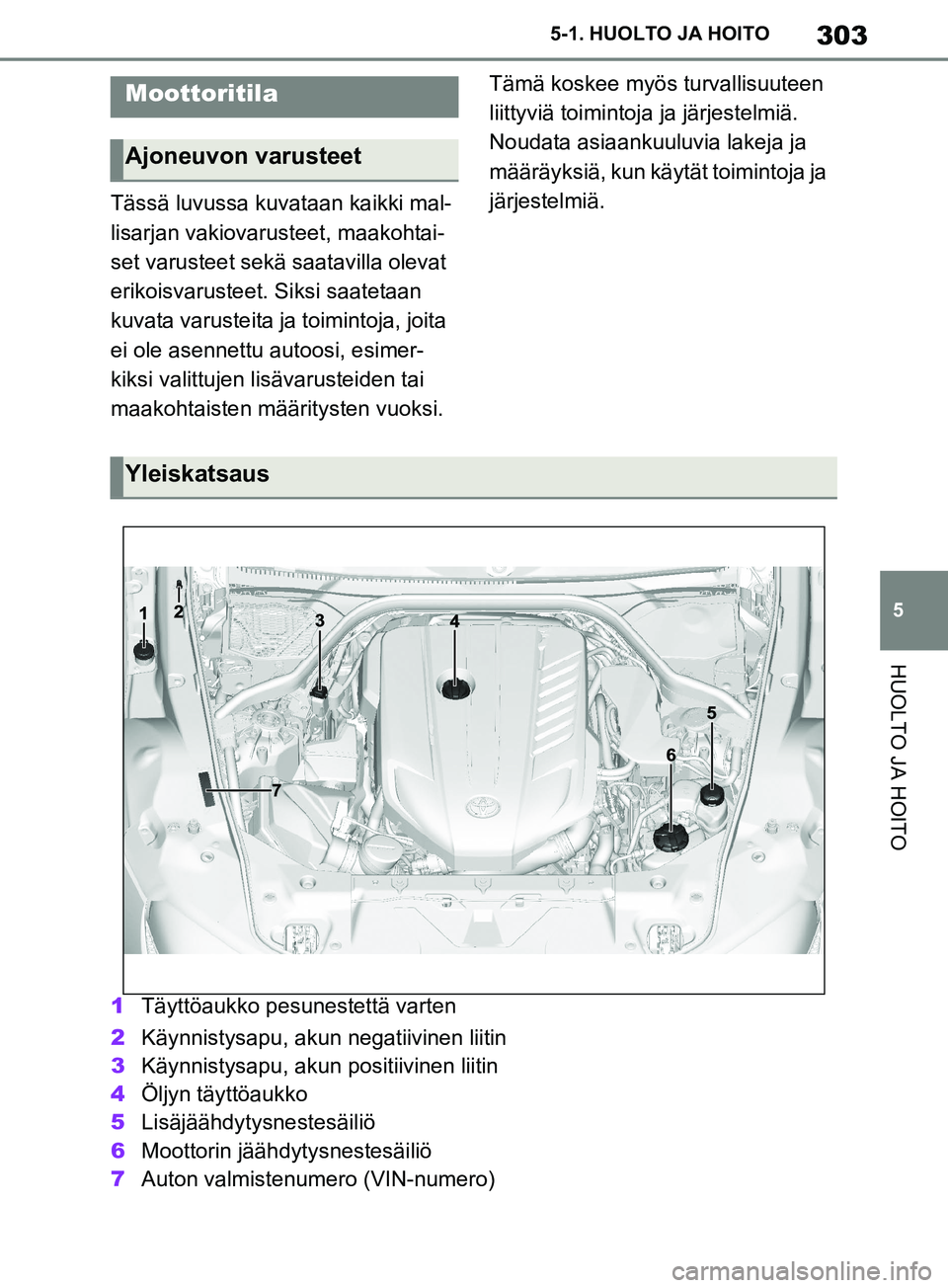 TOYOTA SUPRA 2019  Omistajan Käsikirja (in Finnish) 303
5
Supran omistajan käsikirja 5-1. HUOLTO JA HOITO
HUOLTO JA HOITO
Tässä luvussa kuvataan kaikki mal-
lisarjan vakiovarusteet, maakohtai-
set varusteet sekä 
saatavilla olevat 
erikoisvarusteet