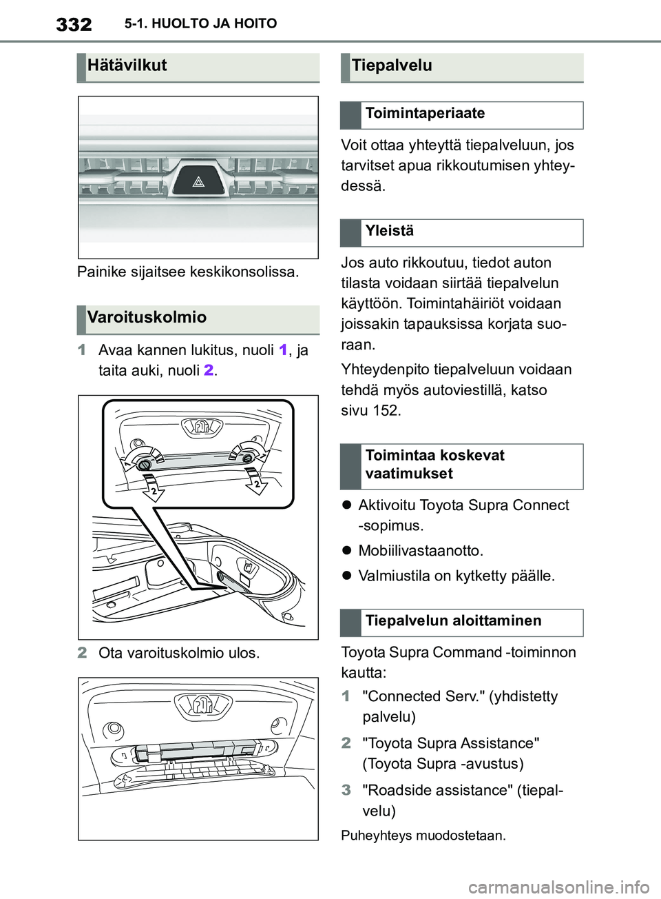 TOYOTA SUPRA 2019  Omistajan Käsikirja (in Finnish) 332
Supran omistajan käsikirja5-1. HUOLTO JA HOITO
Painike sijaitsee keskikonsolissa.
1
Avaa kannen lukitus, nuoli  1, ja 
taita auki, nuoli 2 .
2 Ota varoituskolmio ulos. Voit ottaa yhteyttä tiepal