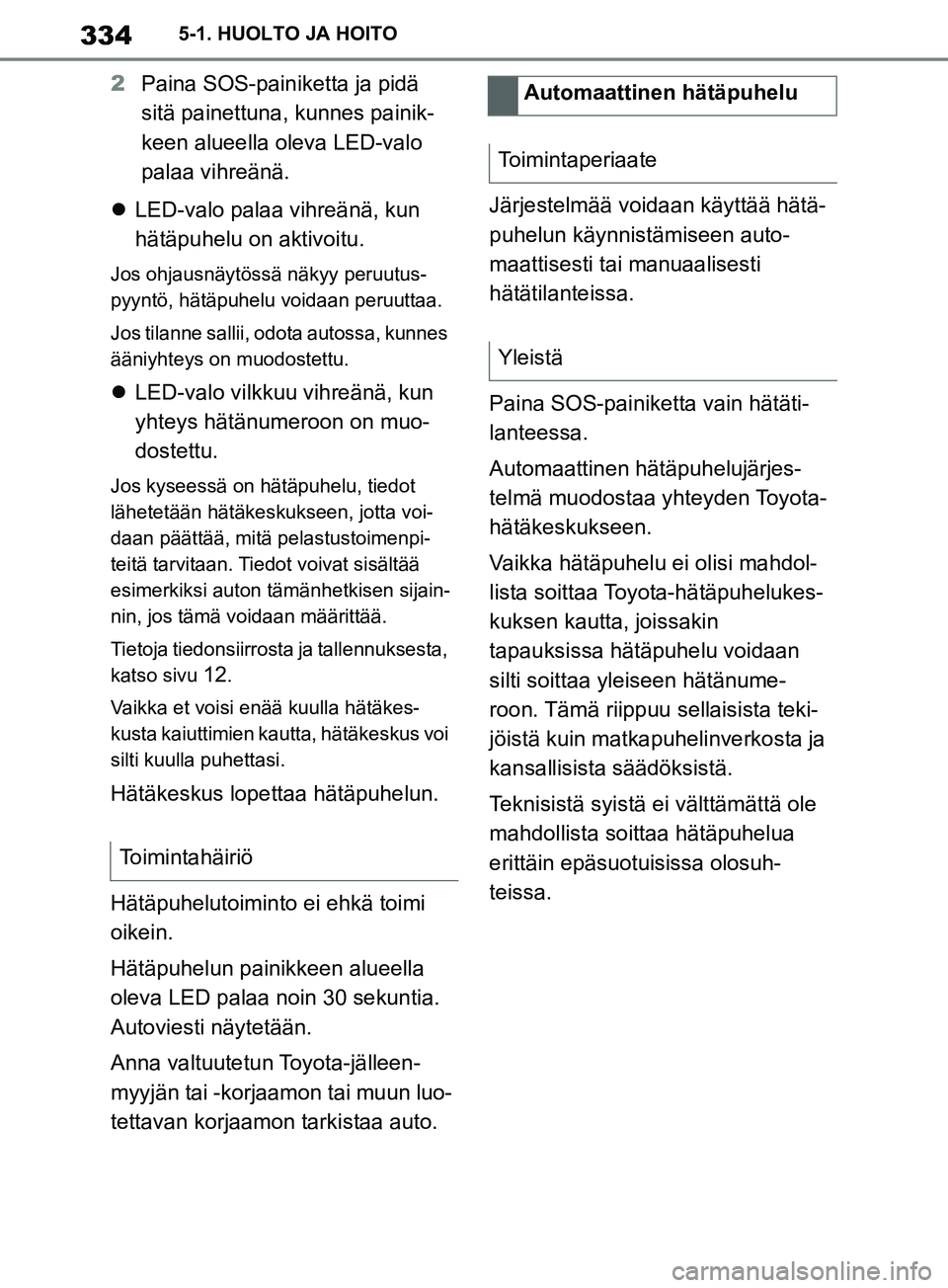 TOYOTA SUPRA 2019 Omistajan Käsikirja (in Finnish) 334
Supran omistajan käsikirja5-1. HUOLTO JA HOITO
2
Paina SOS-painiketta ja pidä
sitä painettuna, kunnes painik-
keen alueella oleva LED-valo
palaa vihreänä.
LED-valo palaa vihreänä, kun TOYOTA SUPRA 2019 Omistajan Käsikirja (in Finnish) 334
Supran omistajan käsikirja5-1. HUOLTO JA HOITO
2
Paina SOS-painiketta ja pidä
sitä painettuna, kunnes painik-
keen alueella oleva LED-valo
palaa vihreänä.
LED-valo palaa vihreänä, kun
