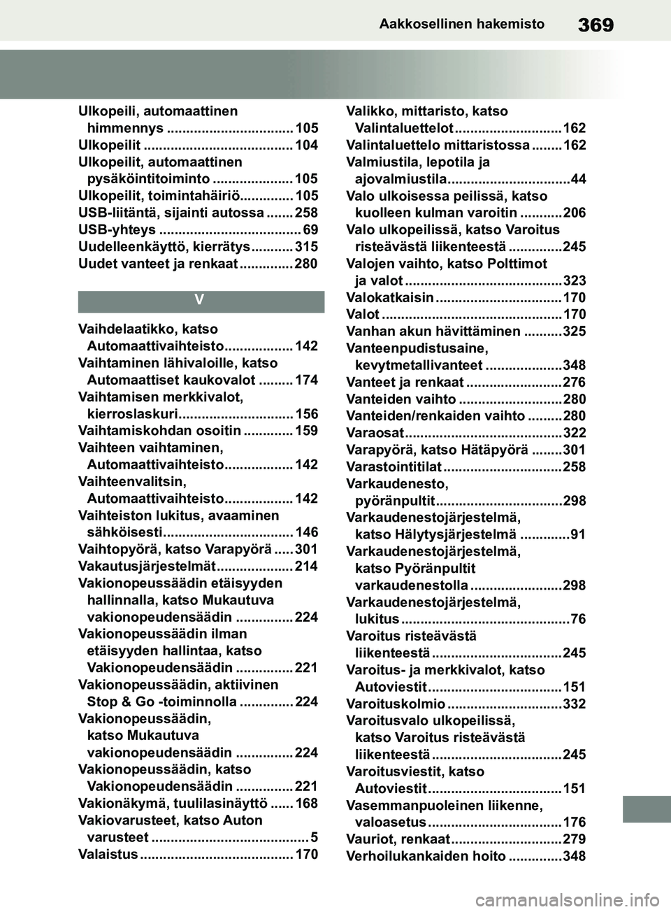 TOYOTA SUPRA 2019  Omistajan Käsikirja (in Finnish) 369
Supran omistajan käsikirjaAakkosellinen hakemisto
Ulkopeili, automaattinen 
himmennys ................................. 105
Ulkopeilit ....................................... 104
Ulkopeilit, auto