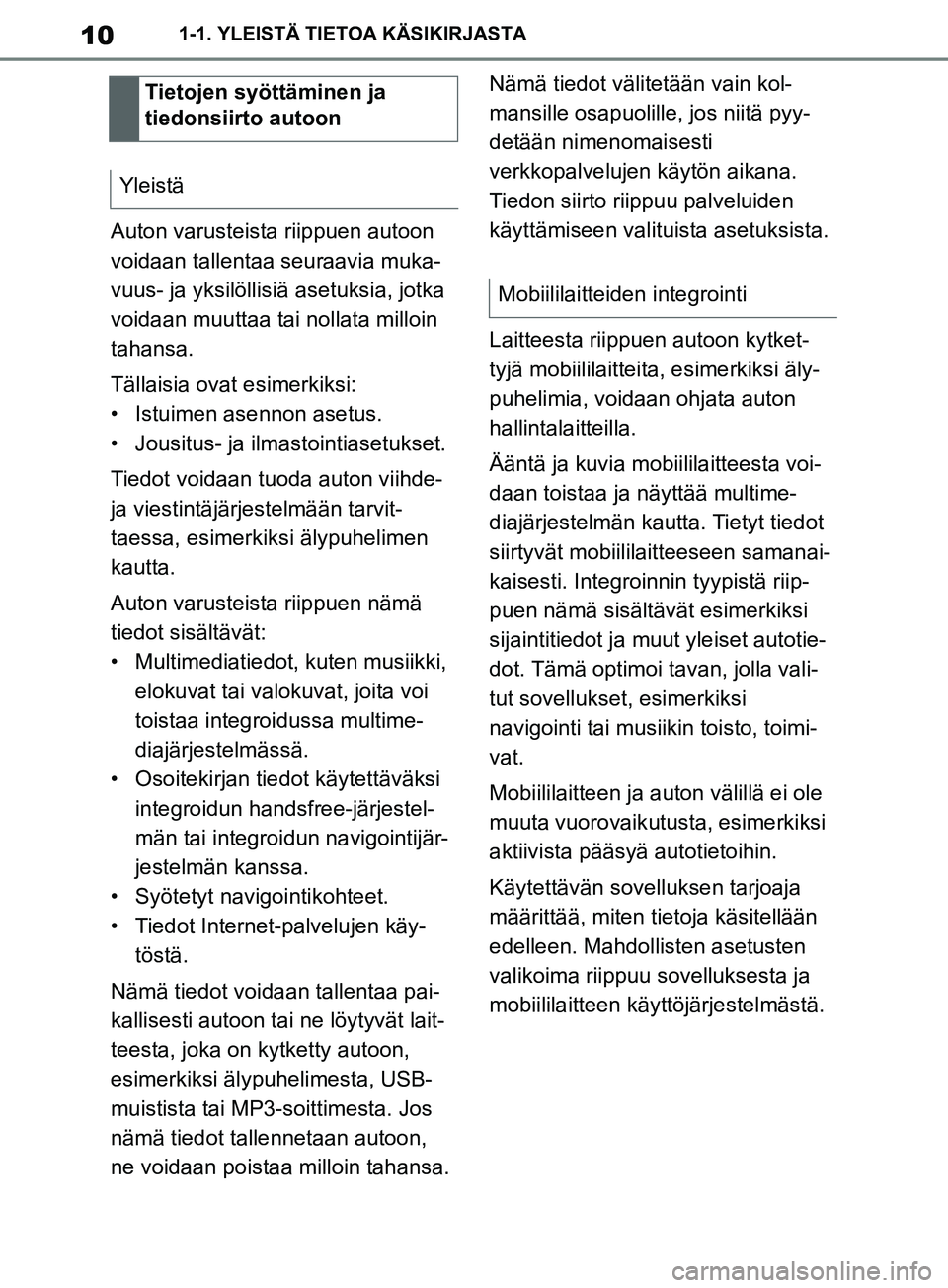 TOYOTA SUPRA 2019 Omistajan Käsikirja (in Finnish) 10
Supran omistajan käsikirja1-1. YLEISTÄ TIETOA KÄSIKIRJASTA
Auton varusteista riippuen autoon
voidaan tallentaa seuraavia muka-
vuus- ja yksilöllisiä asetuksia, jotka
voidaan muuttaa ta
i nol TOYOTA SUPRA 2019 Omistajan Käsikirja (in Finnish) 10
Supran omistajan käsikirja1-1. YLEISTÄ TIETOA KÄSIKIRJASTA
Auton varusteista riippuen autoon
voidaan tallentaa seuraavia muka-
vuus- ja yksilöllisiä asetuksia, jotka
voidaan muuttaa ta
i nol