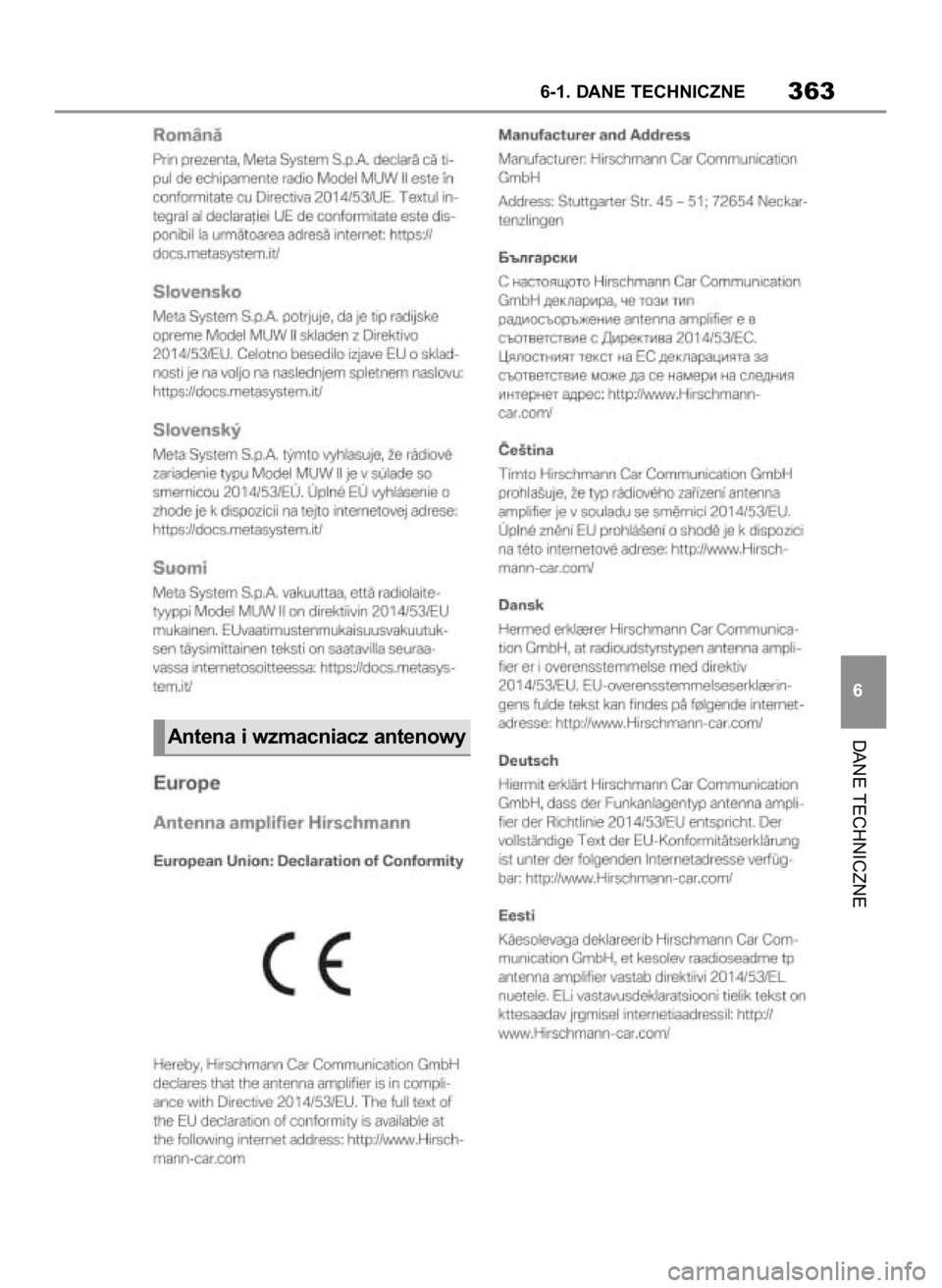 TOYOTA SUPRA 2019  Instrukcja obsługi (in Polish) DANE TECHNICZNE
6-1. DANE TECHNICZNE363
6
Antena i wzmacniacz antenowy
28 Supra OM99T05E  7/25/19  10:51 AM  Page 363 