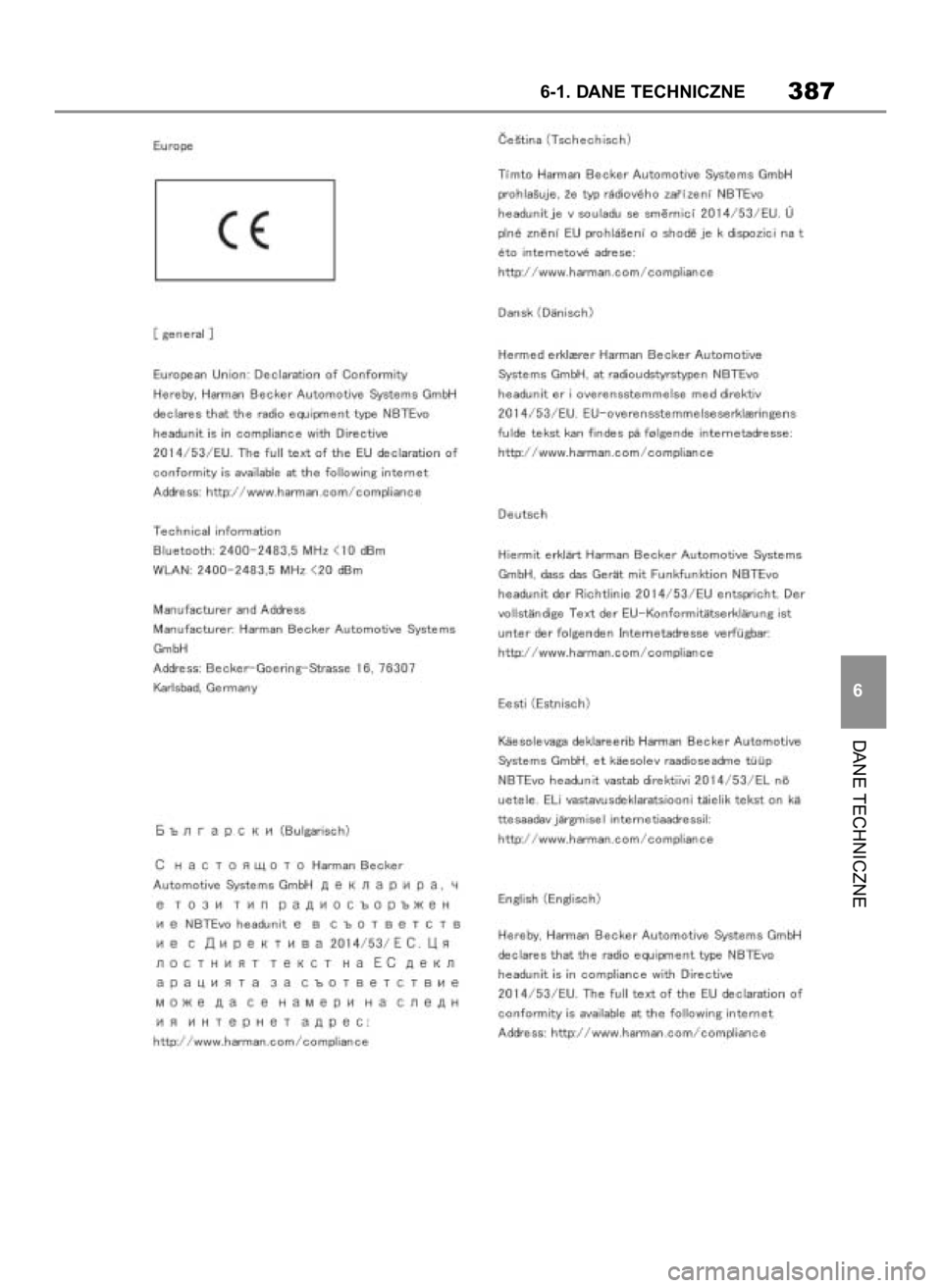 TOYOTA SUPRA 2019  Instrukcja obsługi (in Polish) DANE TECHNICZNE
6-1. DANE TECHNICZNE387
6
28 Supra OM99T05E  7/25/19  10:51 AM  Page 387 