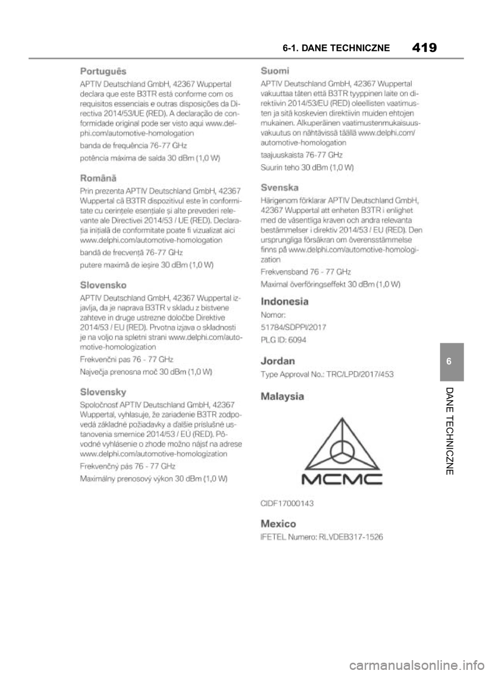 TOYOTA SUPRA 2019  Instrukcja obsługi (in Polish) DANE TECHNICZNE
6-1. DANE TECHNICZNE419
6
28 Supra OM99T05E  7/25/19  10:51 AM  Page 419 