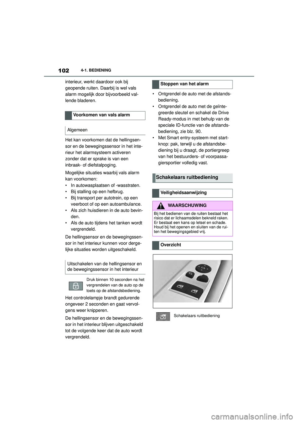 TOYOTA SUPRA 2020  Instructieboekje (in Dutch) 102
Handleiding Supra4-1. BEDIENING
interieur, werkt daardoor ook bij 
geopende ruiten. Daarbij is wel vals 
alarm mogelijk door bijvoorbeeld val-
lende bladeren.
Het kan voorkomen dat de hellingsen-

