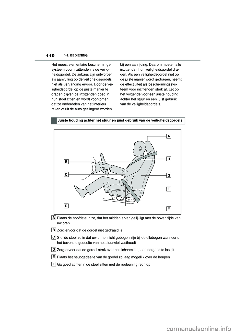 TOYOTA SUPRA 2020  Instructieboekje (in Dutch) 110
Handleiding Supra4-1. BEDIENING
Het meest elementaire beschermings-
systeem voor inzittenden is de veilig-
heidsgordel. De airbags zijn ontworpen 
als aanvulling op de veiligheidsgordels, 
niet al