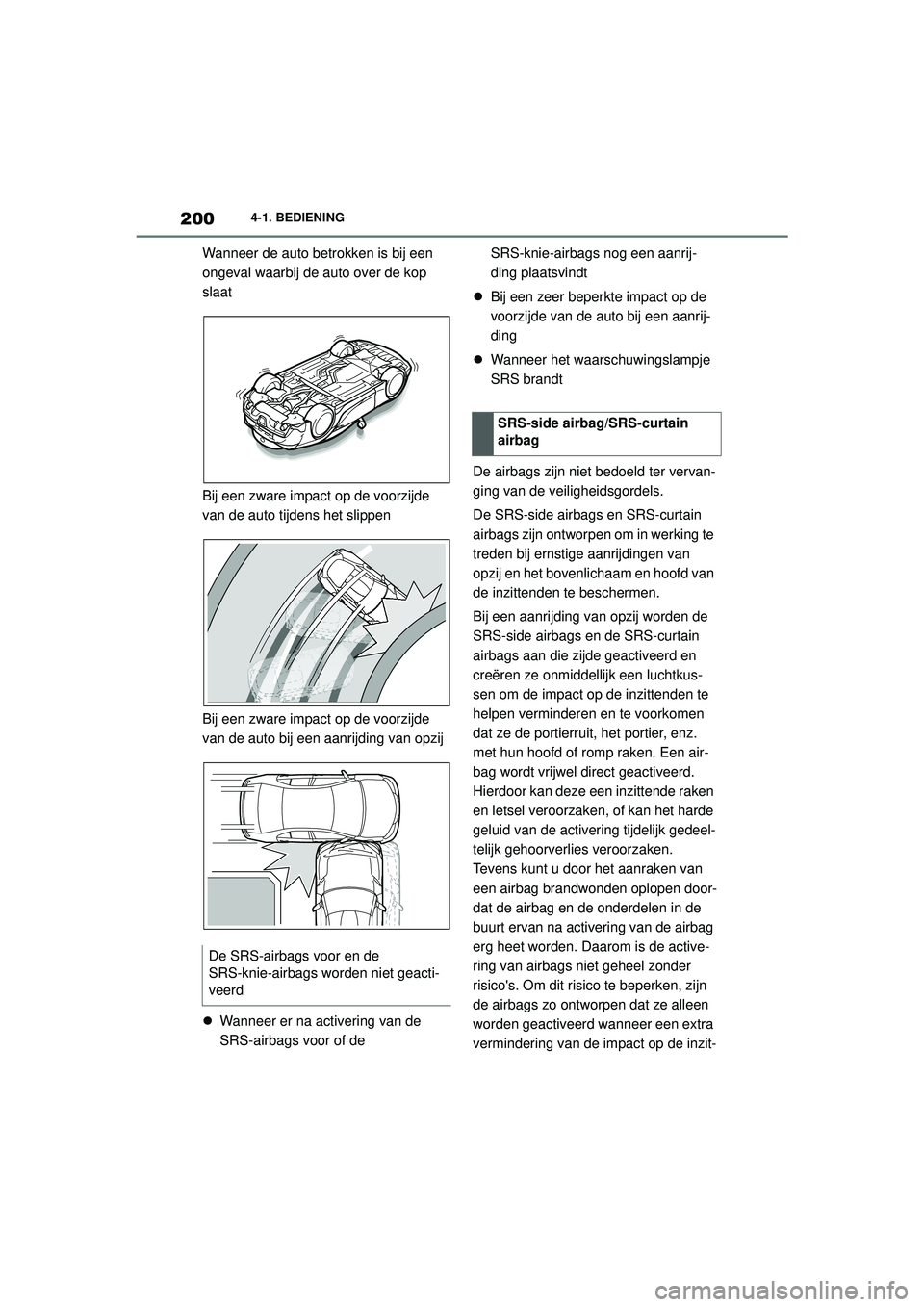 TOYOTA SUPRA 2020  Instructieboekje (in Dutch) 200
Handleiding Supra4-1. BEDIENING
Wanneer de auto betrokken is bij een 
ongeval waarbij de auto over de kop 
slaat
Bij een zware impact op de voorzijde 
van de auto tijdens het slippen
Bij een zware