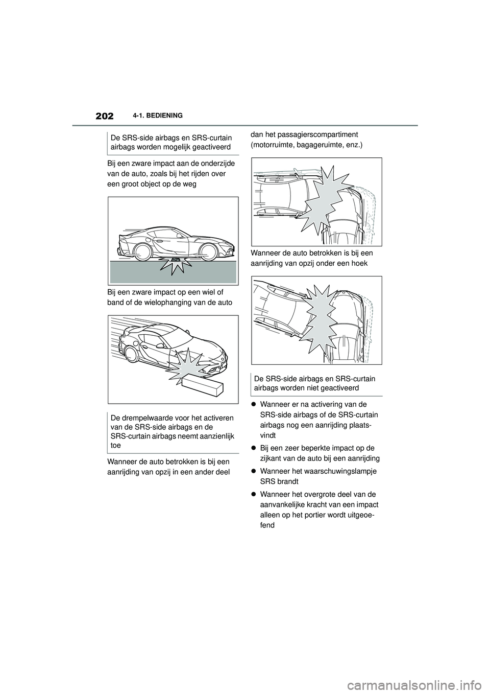 TOYOTA SUPRA 2020  Instructieboekje (in Dutch) 202
Handleiding Supra4-1. BEDIENING
Bij een zware impact aan de onderzijde 
van de auto, zoals bij het rijden over 
een groot object op de weg
Bij een zware impact op een wiel of 
band of de wielophan