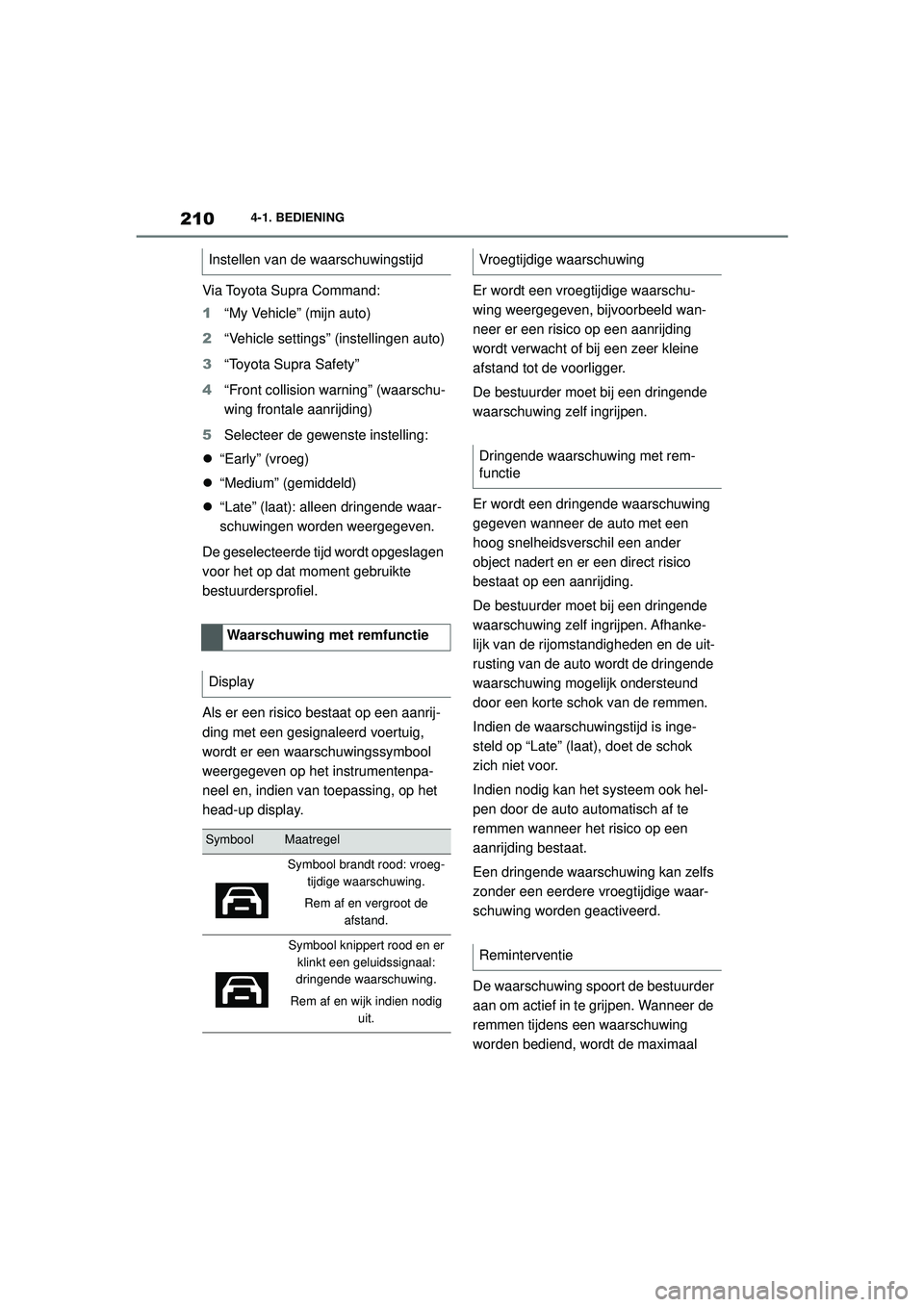 TOYOTA SUPRA 2020  Instructieboekje (in Dutch) 210
Handleiding Supra4-1. BEDIENING
Via Toyota Supra Command:
1
“My Vehicle” (mijn auto)
2 “Vehicle settings” (instellingen auto)
3 “Toyota Supra Safety”
4 “Front collision warning” (w