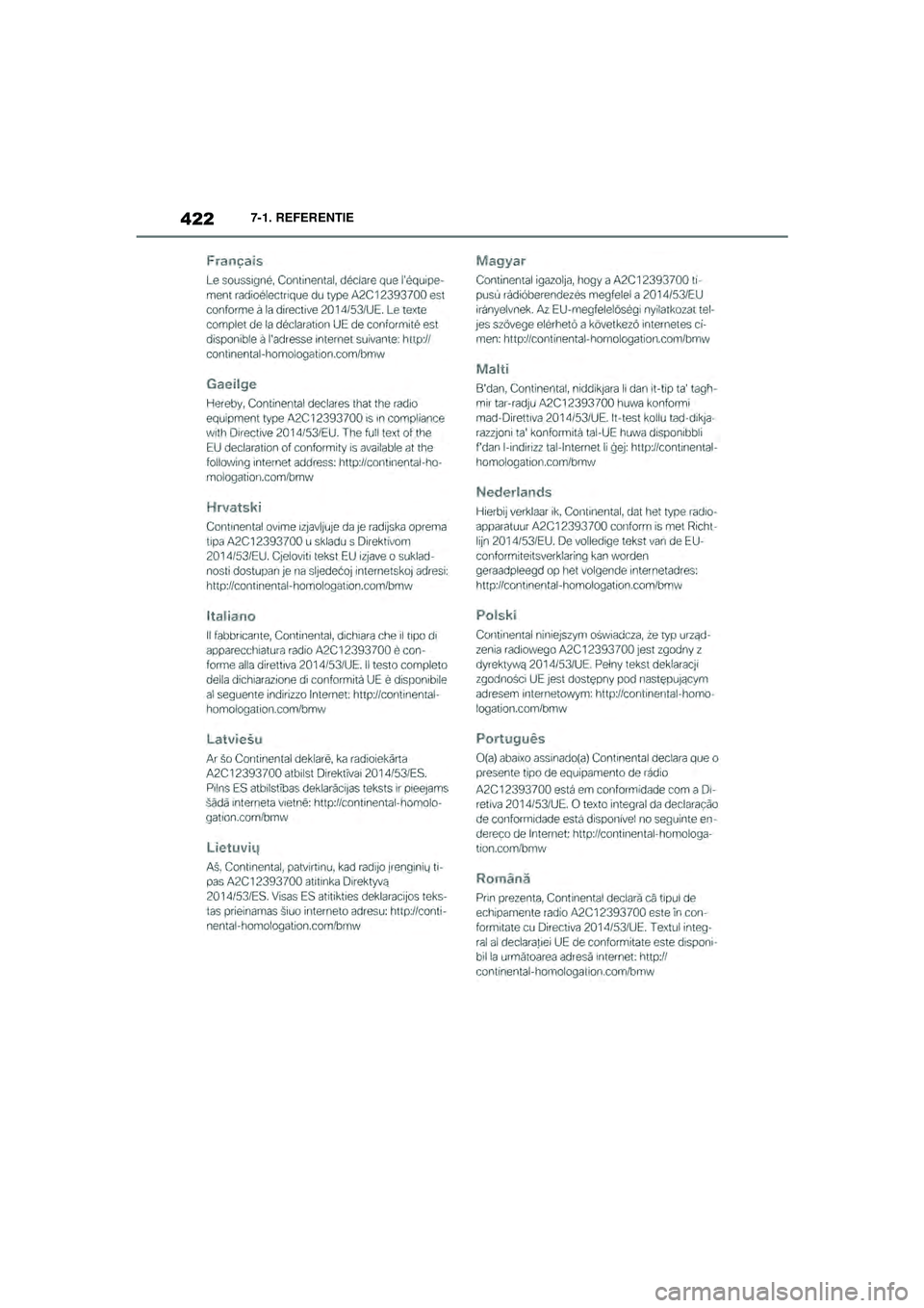 TOYOTA SUPRA 2020  Instructieboekje (in Dutch) 422
Handleiding Supra7-1. REFERENTIE
Supra_OM_General_OM99V80E_1_1911.book  Page 
422  Thursday, October 31, 2019  2:57 PM 