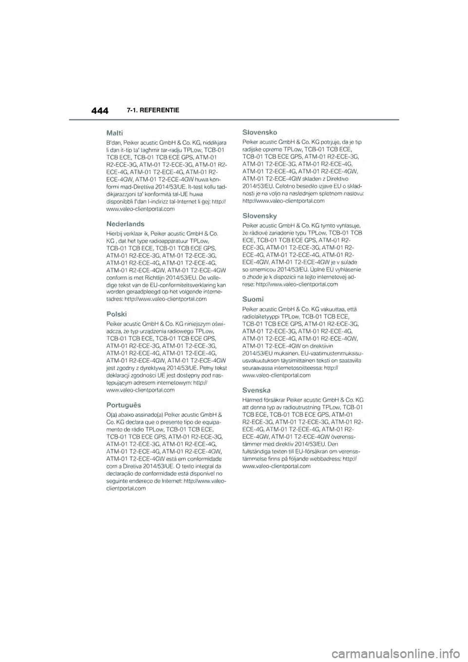 TOYOTA SUPRA 2020  Instructieboekje (in Dutch) 444
Handleiding Supra7-1. REFERENTIE
Supra_OM_General_OM99V80E_1_1911.book  Page 
444  Thursday, October 31, 2019  2:57 PM 