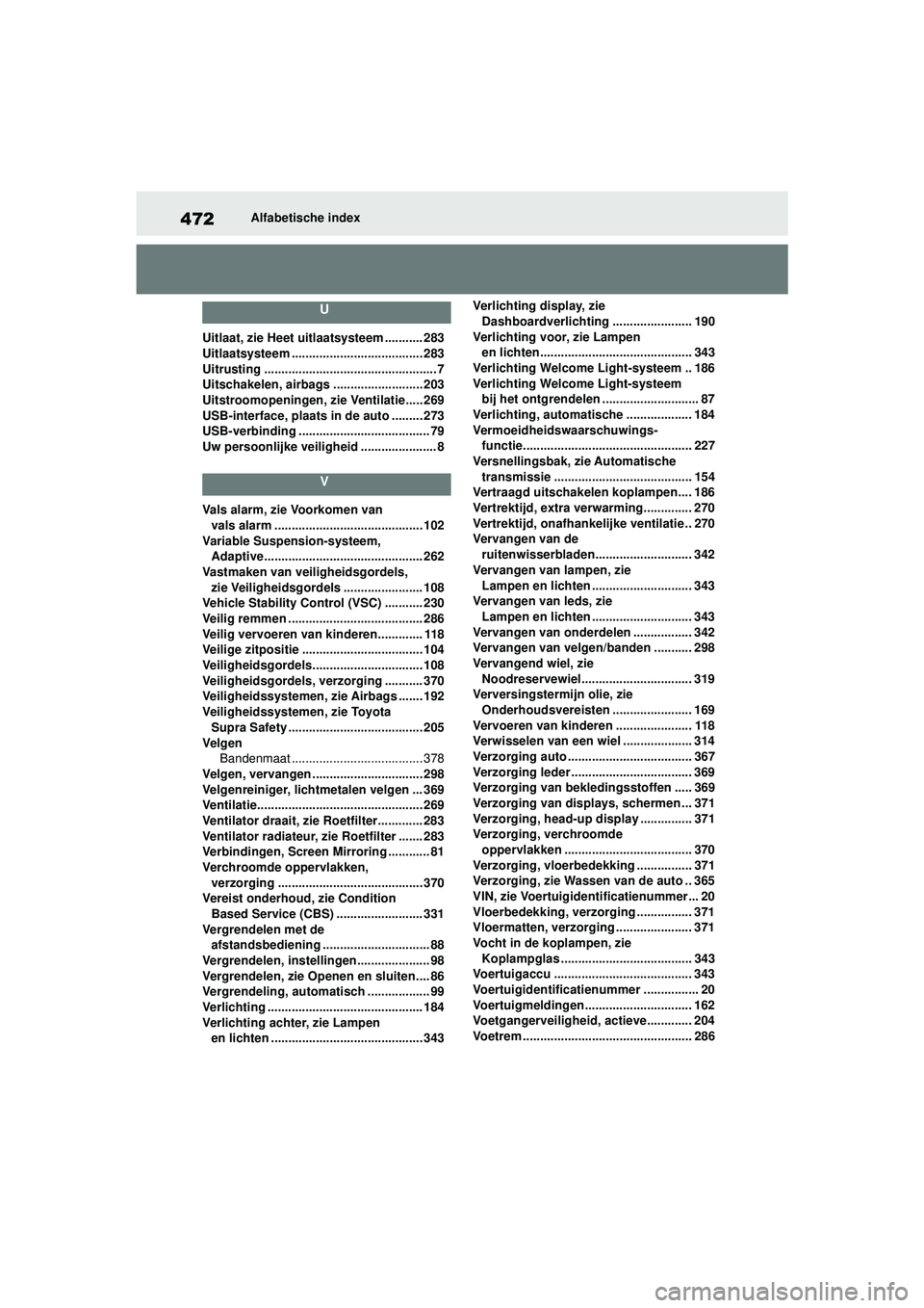 TOYOTA SUPRA 2020  Instructieboekje (in Dutch) 472
Handleiding SupraAlfabetische index
U
Uitlaat, zie Heet uitlaatsysteem ........... 283
Uitlaatsysteem ...................................... 283
Uitrusting ........................................
