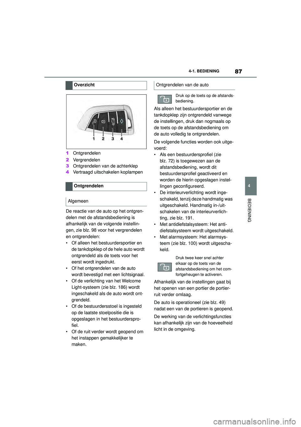 TOYOTA SUPRA 2020  Instructieboekje (in Dutch) 87
4
Handleiding Supra 4-1. BEDIENING
BEDIENING
1
Ontgrendelen
2 Vergrendelen
3 Ontgrendelen van de achterklep
4 Vertraagd uitschakelen koplampen
De reactie van de auto op het ontgren-
delen met de af