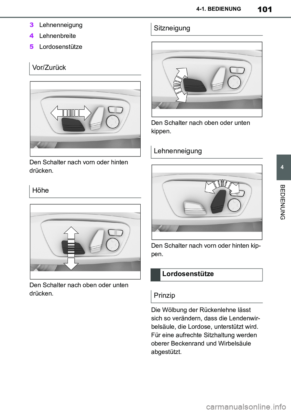 TOYOTA SUPRA 2020  Betriebsanleitungen (in German) 101
4
Supra Owners Manual_EM
4-1. BEDIENUNG
BEDIENUNG
3Lehnenneigung
4Lehnenbreite
5Lordosenstütze
Den Schalter nach vorn oder hinten 
drücken.
Den Schalter nach oben oder unten 
drücken.Den Schal