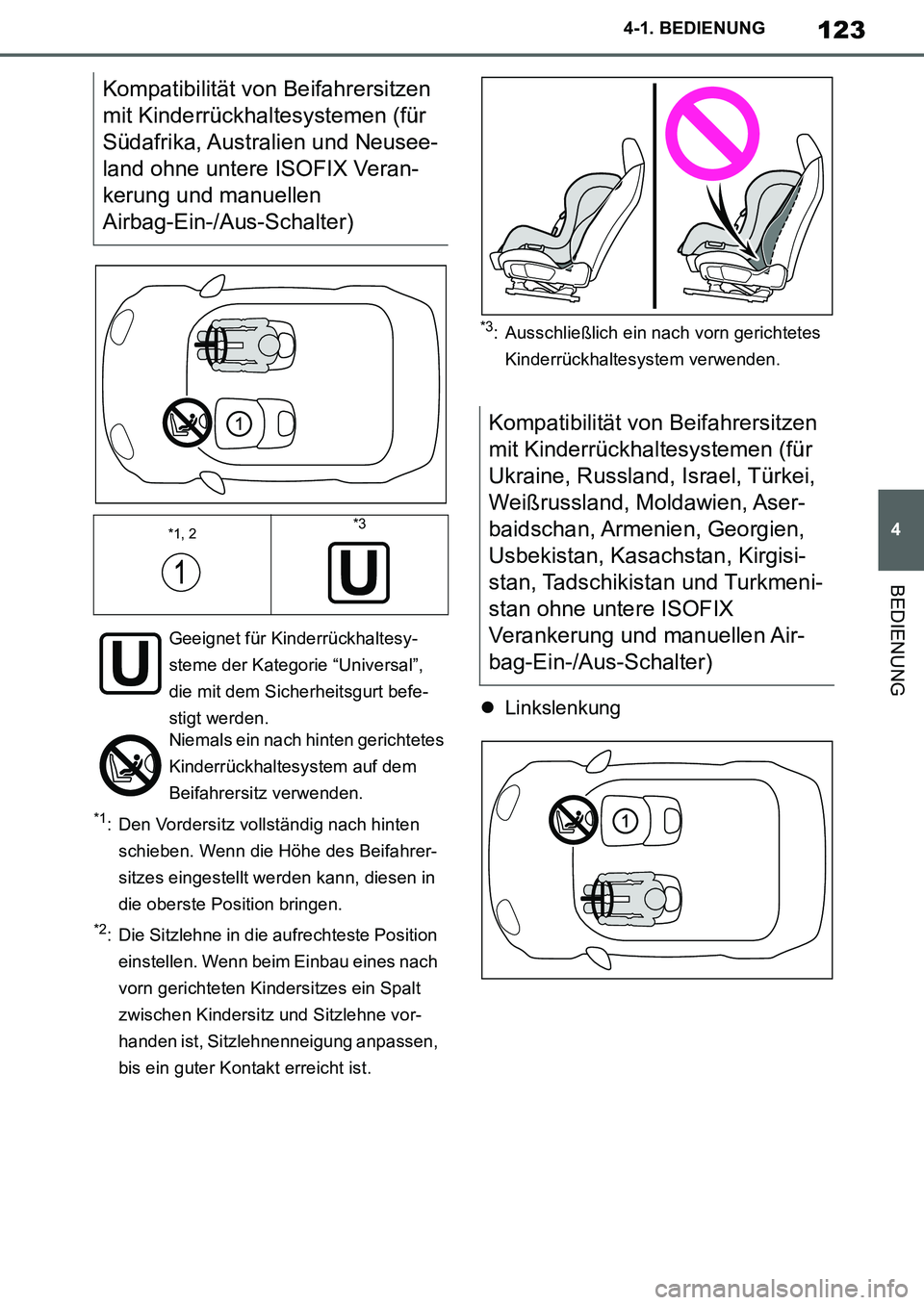 TOYOTA SUPRA 2020 Betriebsanleitungen (in German) 123
4
Supra Owners Manual_EM
4-1. BEDIENUNG
BEDIENUNG
*1: Den Vordersitz vollständig nach hinten
schieben. Wenn die Höhe des Beifahrer-
sitzes eingestellt werden kann, diesen in
die oberste Posit TOYOTA SUPRA 2020 Betriebsanleitungen (in German) 123
4
Supra Owners Manual_EM
4-1. BEDIENUNG
BEDIENUNG
*1: Den Vordersitz vollständig nach hinten
schieben. Wenn die Höhe des Beifahrer-
sitzes eingestellt werden kann, diesen in
die oberste Posit