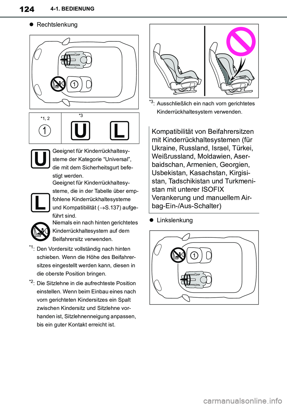 TOYOTA SUPRA 2020 Betriebsanleitungen (in German) 124
Supra Owners Manual_EM
4-1. BEDIENUNG
Rechtslenkung
*1: Den Vordersitz vollständig nach hinten
schieben. Wenn die Höhe des Beifahrer-
sitzes eingestellt werden kann, diesen in
die oberste TOYOTA SUPRA 2020 Betriebsanleitungen (in German) 124
Supra Owners Manual_EM
4-1. BEDIENUNG
Rechtslenkung
*1: Den Vordersitz vollständig nach hinten
schieben. Wenn die Höhe des Beifahrer-
sitzes eingestellt werden kann, diesen in
die oberste