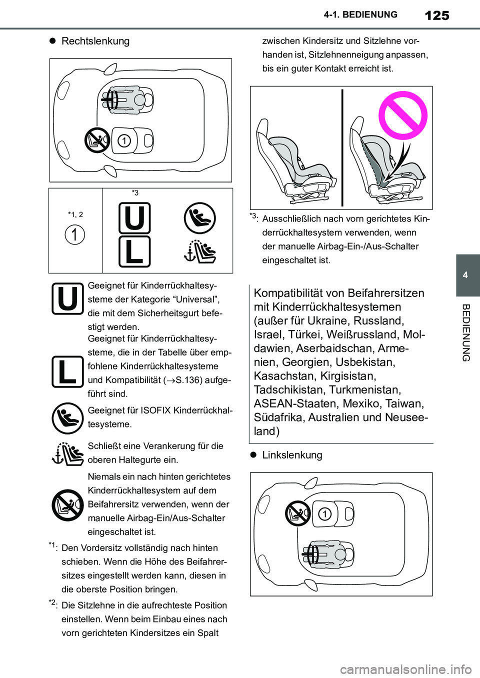 TOYOTA SUPRA 2020 Betriebsanleitungen (in German) 125
4
Supra Owners Manual_EM
4-1. BEDIENUNG
BEDIENUNG
Rechtslenkung
*1: Den Vordersitz vollständig nach hinten
schieben. Wenn die Höhe des Beifahrer-
sitzes eingestellt werden kann, diesen in
TOYOTA SUPRA 2020 Betriebsanleitungen (in German) 125
4
Supra Owners Manual_EM
4-1. BEDIENUNG
BEDIENUNG
Rechtslenkung
*1: Den Vordersitz vollständig nach hinten
schieben. Wenn die Höhe des Beifahrer-
sitzes eingestellt werden kann, diesen in