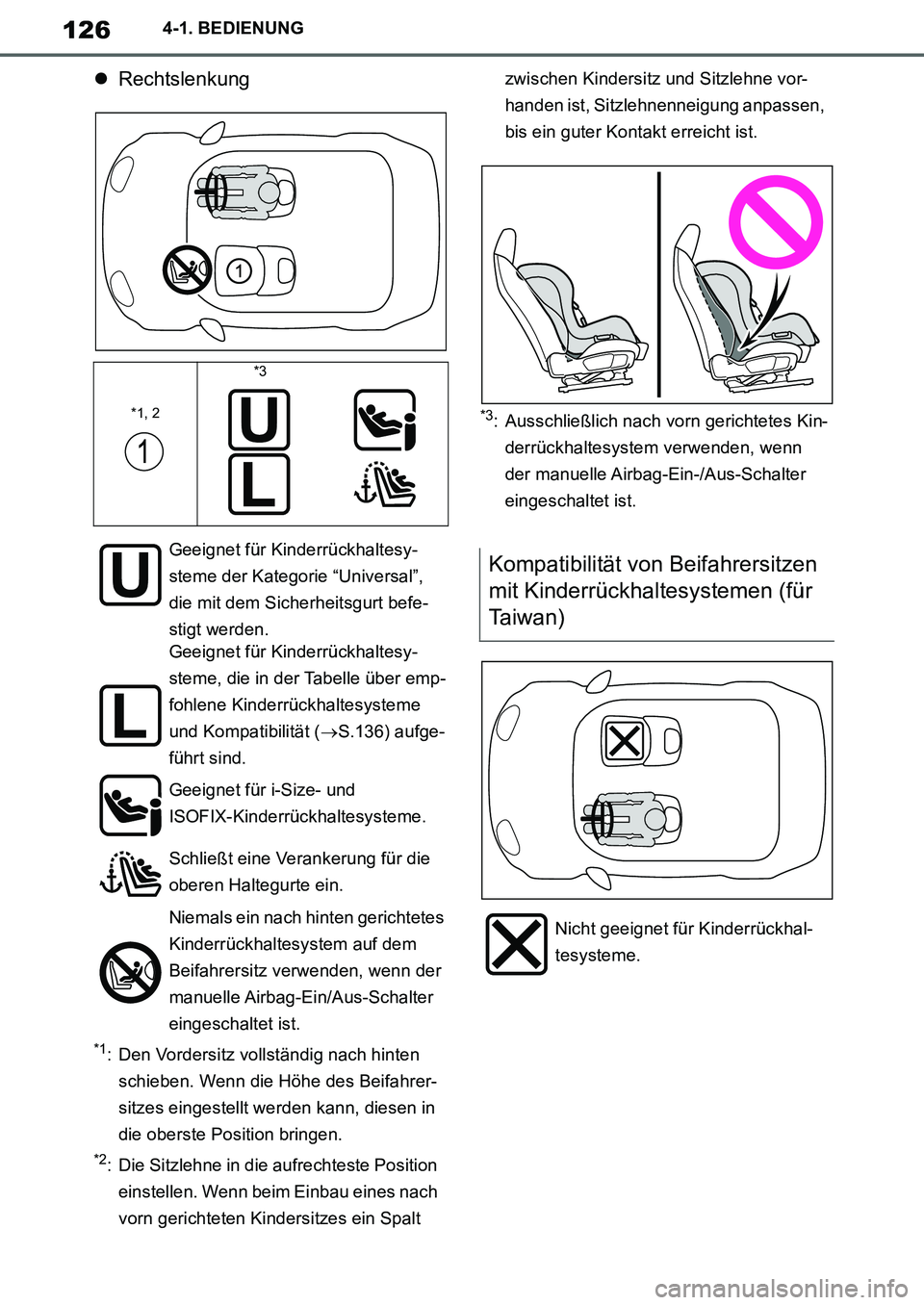 TOYOTA SUPRA 2020 Betriebsanleitungen (in German) 126
Supra Owners Manual_EM
4-1. BEDIENUNG
Rechtslenkung
*1: Den Vordersitz vollständig nach hinten
schieben. Wenn die Höhe des Beifahrer-
sitzes eingestellt werden kann, diesen in
die oberste TOYOTA SUPRA 2020 Betriebsanleitungen (in German) 126
Supra Owners Manual_EM
4-1. BEDIENUNG
Rechtslenkung
*1: Den Vordersitz vollständig nach hinten
schieben. Wenn die Höhe des Beifahrer-
sitzes eingestellt werden kann, diesen in
die oberste