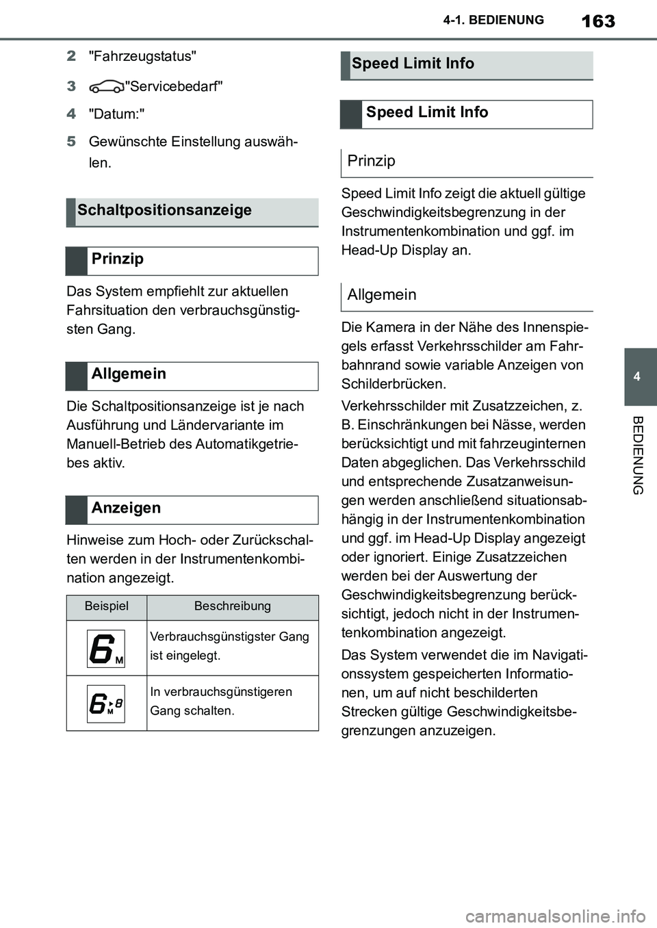 TOYOTA SUPRA 2020 Betriebsanleitungen (in German) 163
4
Supra Owners Manual_EM
4-1. BEDIENUNG
BEDIENUNG
2"Fahrzeugstatus"
3"Servicebedarf"
4"Datum:"
5Gewünschte Einstellung auswäh-
len.
Das System empfiehlt zur aktuellen
Fahrsituation den verbrau TOYOTA SUPRA 2020 Betriebsanleitungen (in German) 163
4
Supra Owners Manual_EM
4-1. BEDIENUNG
BEDIENUNG
2"Fahrzeugstatus"
3"Servicebedarf"
4"Datum:"
5Gewünschte Einstellung auswäh-
len.
Das System empfiehlt zur aktuellen
Fahrsituation den verbrau