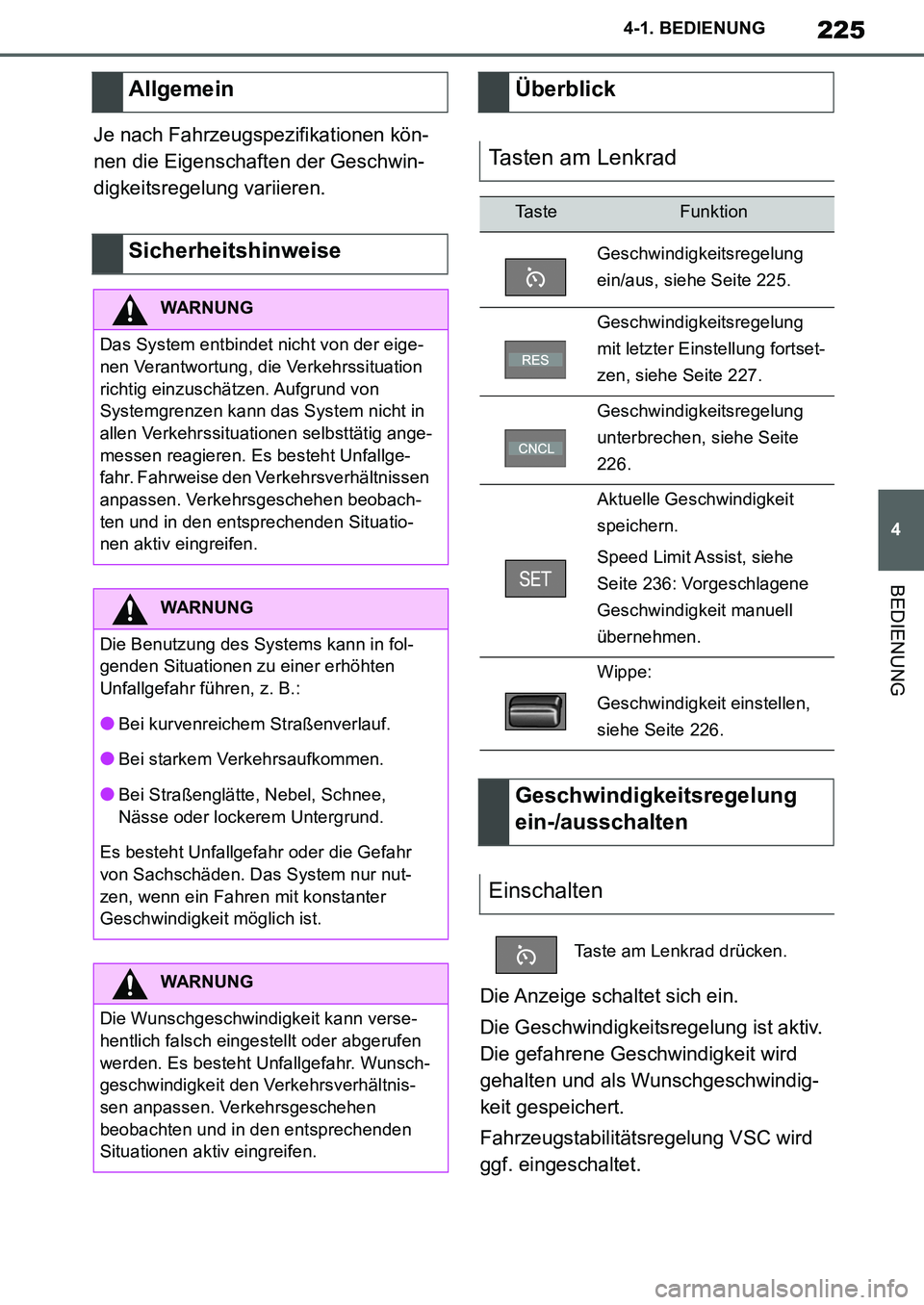 TOYOTA SUPRA 2020  Betriebsanleitungen (in German) 225
4
Supra Owners Manual_EM
4-1. BEDIENUNG
BEDIENUNG
Je nach Fahrzeugspezifikationen kön-
nen die Eigenschaften der Geschwin-
digkeitsregelung variieren.
Die Anzeige schaltet sich ein.
Die Geschwin