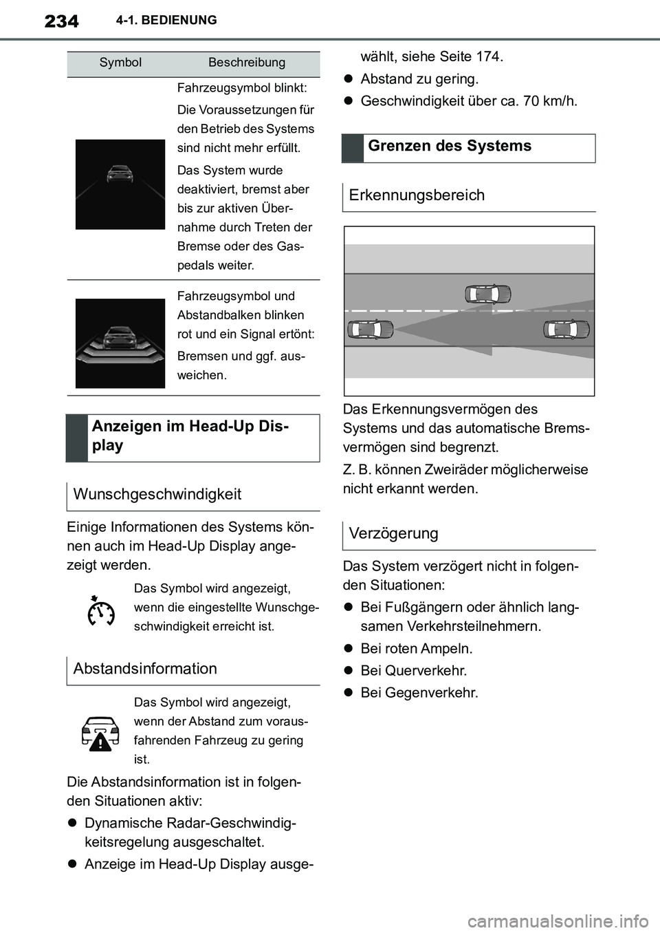 TOYOTA SUPRA 2020 Betriebsanleitungen (in German) 234
Supra Owners Manual_EM
4-1. BEDIENUNG
Einige Informationen des Systems kön-
nen auch im Head-Up Display ange-
zeigt werden.
Die Abstandsinformation ist in folgen-
den Situationen aktiv:
Dynam TOYOTA SUPRA 2020 Betriebsanleitungen (in German) 234
Supra Owners Manual_EM
4-1. BEDIENUNG
Einige Informationen des Systems kön-
nen auch im Head-Up Display ange-
zeigt werden.
Die Abstandsinformation ist in folgen-
den Situationen aktiv:
Dynam