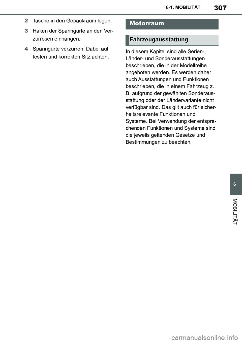 TOYOTA SUPRA 2020  Betriebsanleitungen (in German) 307
6
Supra Owners Manual_EM
6-1. MOBILITÄT
MOBILITÄT
2Tasche in den Gepäckraum legen.
3Haken der Spanngurte an den Ver-
zurrösen einhängen.
4Spanngurte verzurren. Dabei auf 
festen und korrekte