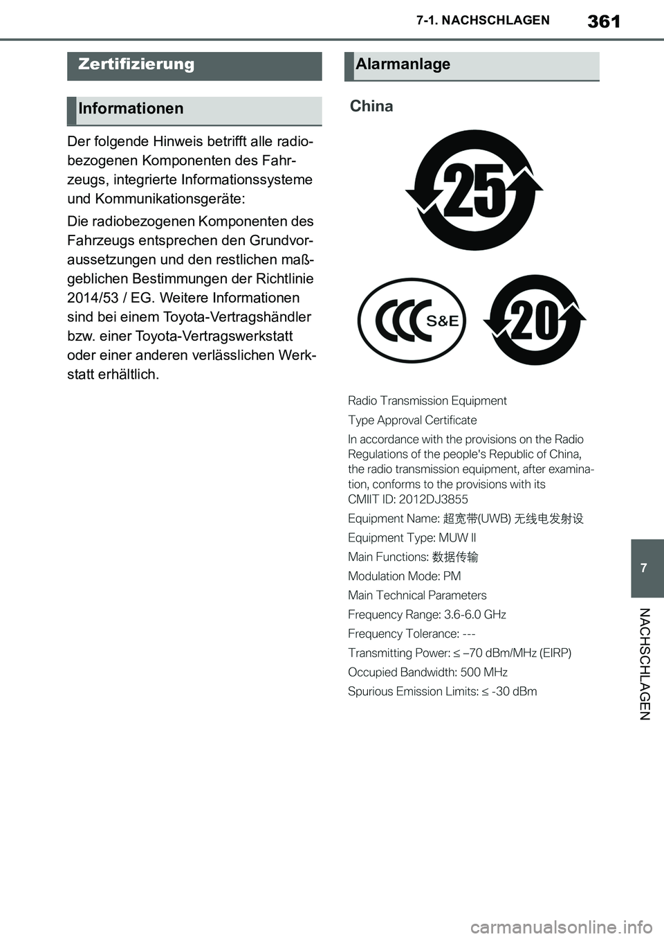 TOYOTA SUPRA 2020  Betriebsanleitungen (in German) 361
7
Supra Owners Manual_EM
7-1. NACHSCHLAGEN
NACHSCHLAGEN
Der folgende Hinweis betrifft alle radio-
bezogenen Komponenten des Fahr-
zeugs, integrierte Informationssysteme 
und Kommunikationsgeräte
