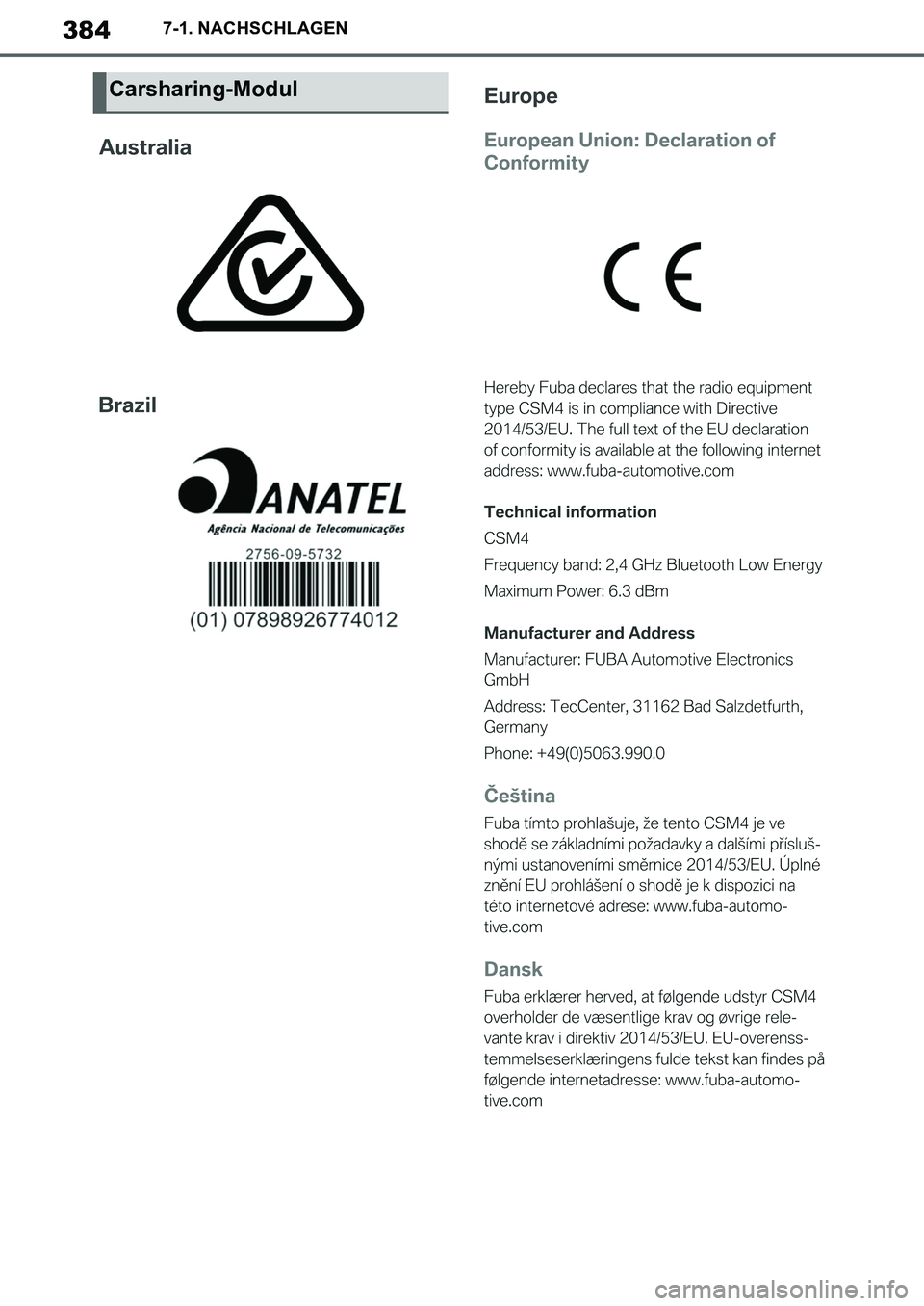 TOYOTA SUPRA 2020  Betriebsanleitungen (in German) 384
Supra Owners Manual_EM
7-1. NACHSCHLAGEN
Carsharing-Modul
Supra_OM_German_OM99V76M.book  384 ページ  ２０１９年８月２８日　水曜日　午後４時１４分 
