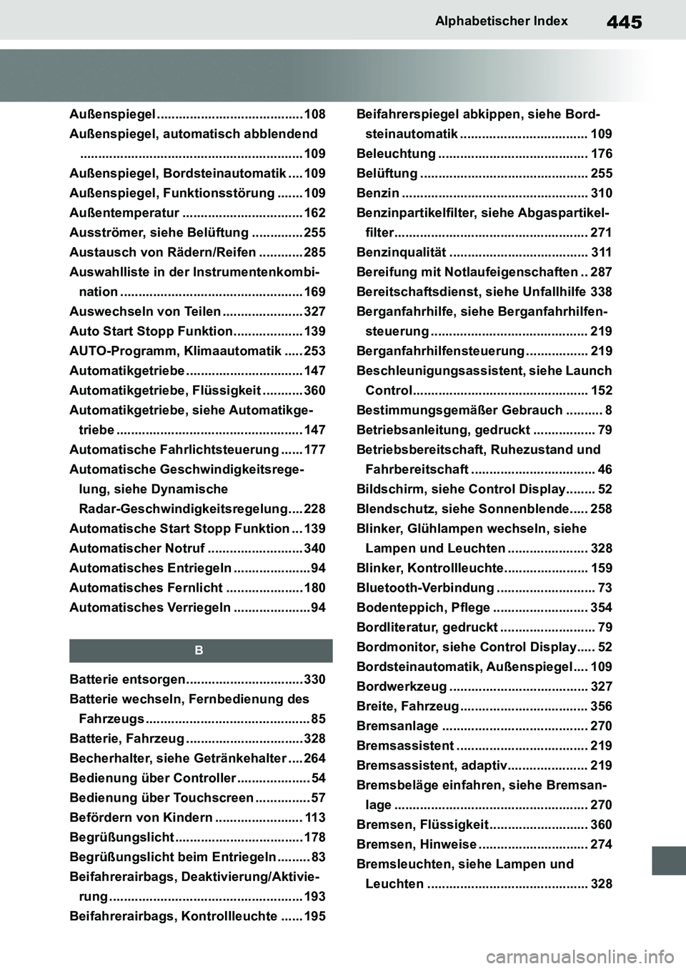 TOYOTA SUPRA 2020  Betriebsanleitungen (in German) 445
Supra Owners Manual_EM
Alphabetischer Index
Außenspiegel ........................................ 108
Außenspiegel, automatisch abblendend
......................................................