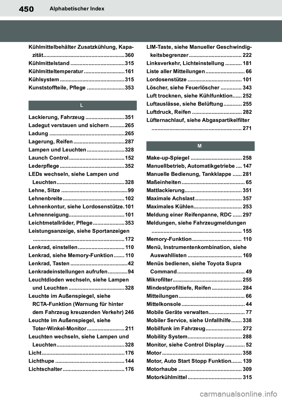 TOYOTA SUPRA 2020  Betriebsanleitungen (in German) 450
Supra Owners Manual_EM
Alphabetischer Index
Kühlmittelbehälter Zusatzkühlung, Kapa-
zität...................................................... 360
Kühlmittelstand ..........................