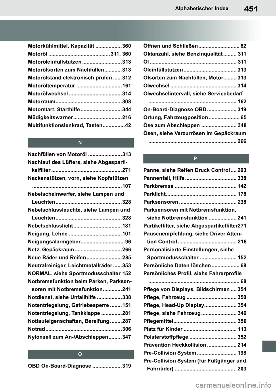 TOYOTA SUPRA 2020 Betriebsanleitungen (in German) 451
Supra Owners Manual_EM
Alphabetischer Index
Motorkühlmittel, Kapazität .................. 360
Motoröl .......................................... 311, 360
Motoröleinfüllstutzen .............. TOYOTA SUPRA 2020 Betriebsanleitungen (in German) 451
Supra Owners Manual_EM
Alphabetischer Index
Motorkühlmittel, Kapazität .................. 360
Motoröl .......................................... 311, 360
Motoröleinfüllstutzen ..............